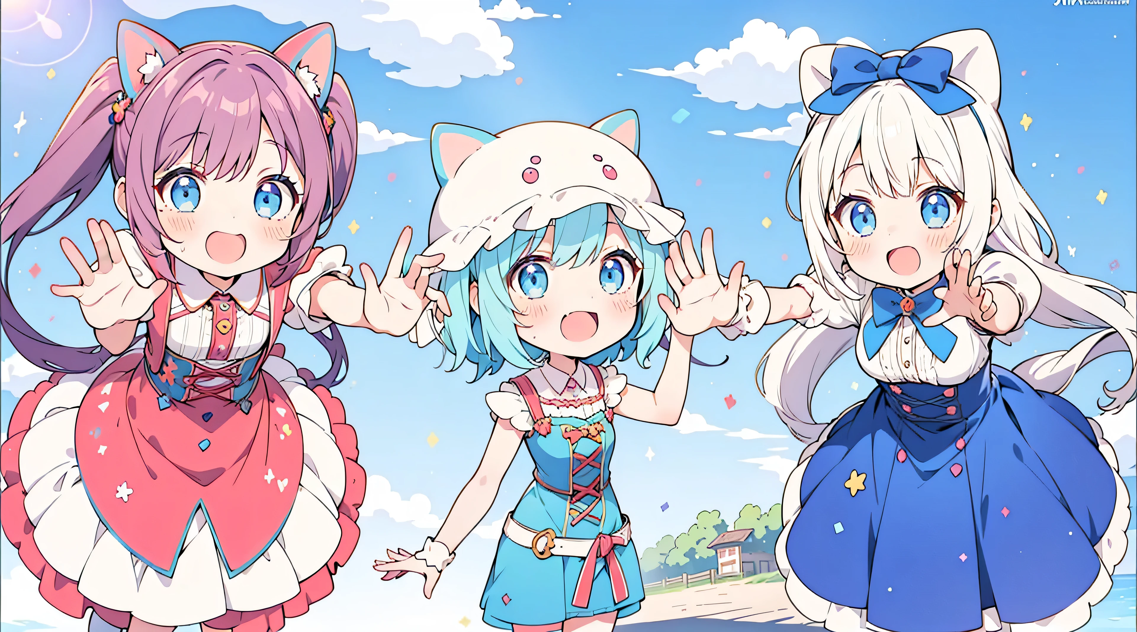 two anime girls dressed in colorful dresses standing next to each other, Anime Style. 8k, Rainbow colored clothes, colorful]”, Anime Color, artwork in the style of Switzerland, Switzerland, Anime Style 4 k, Two beautiful anime girls, Rainbow Core, cute colorful adorable, Switzerland on pixiv artstation, Just one rainbow 8 K