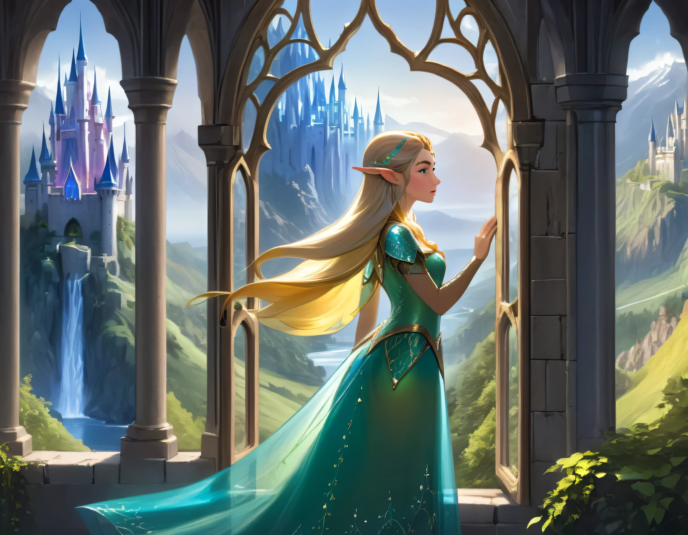 fantasy art, RPG art, a princess looking through her window at a magical castle, a beautiful elven princess looking through her window to see a magical castle, an impressive best detailed castle, with towers, bridges, a moat, standing on top of a mountain colouredglazecd_xl