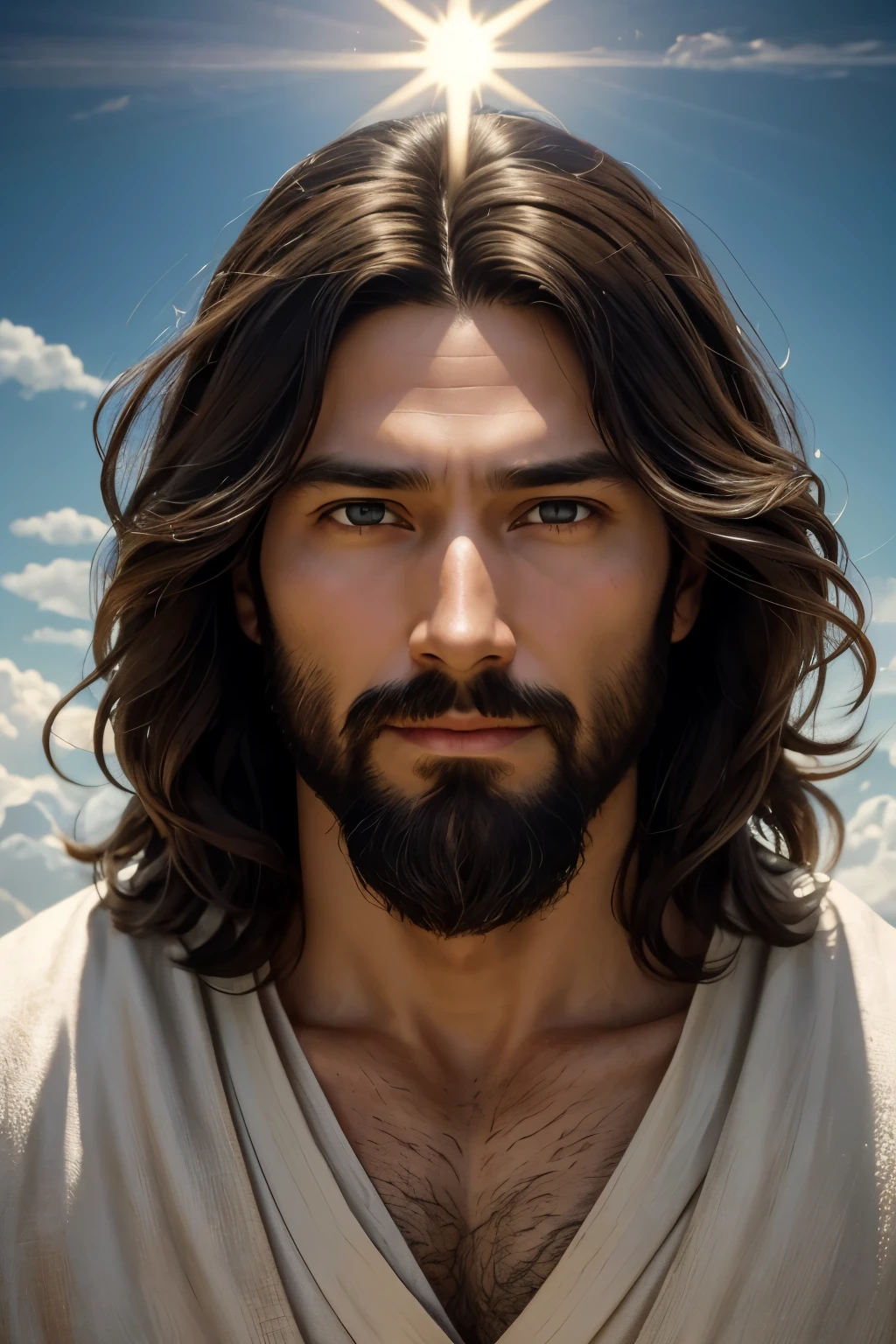 Um belo retrato realista ultra-fino de Jesus, prophet, Male 35 years old Brunette Japanese, Short brown hair, Truly perfect eyes, Long black beard, and, people々Help , Wearing a long linen tunic with a closed neckline, 正面figure, whole body, Biblical, Realistic,By Diego Velázquez,Peter Paul Rubens,Rembrandt,By Alex Ross,8k, Conceptual Art, Realistic, Realistic, figure, oil, Surrealism, 超Realisticな, people々Help , Digital Art, style, watercolorReal Jesus flying in the sky with a flying cloud in the background, Jesus walking on water, Biblical figure, epic Biblical representation, Make him flee, Coming out of the sea, ! Hold in hand!, land, God of the Sea, Beautiful depiction, Modelo 3D 8k, Realistic, a realistic 3D of Jesus with a halo in the sky, Jesus Cristo, Smiling in the sky, Retrato de Jesus Cristo, rosto de Jesus, 35 Young Almighty God, Portrait of Tenjin, Greg Olsen, Jesus Gigachad, ナザレのJesus, Jesus, The Face of God, God watching me, He welcomes you warmly, He is happy, Image information for Sky Avatar