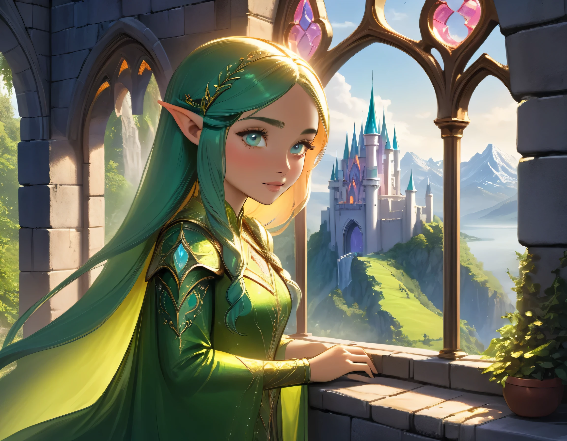fantasy art, RPG art, a princess looking through her window at a magical castle, a beautiful elven princess looking through her window to see a magical castle, an impressive best detailed castle, with towers, bridges, a moat, standing on top of a mountain colouredglazecd_xl
