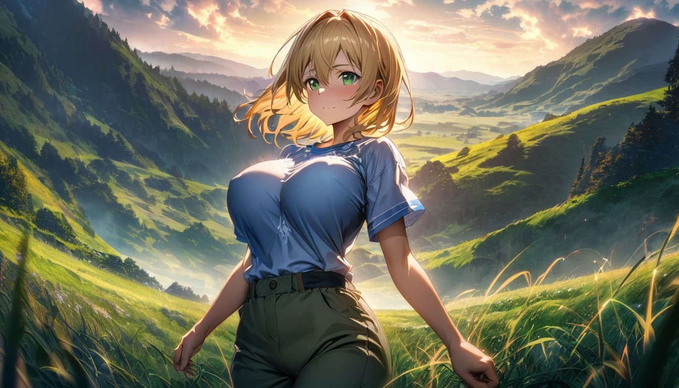 Sword Art Online Alicization Eugeo Short-sleeved shirt and trousers Super big breasts breast enlargement A man with short blond hair and green eyes stands alone in the grassland full-body shot illustration, ultra-detailed, HDR, vibrant colors, soft lighting