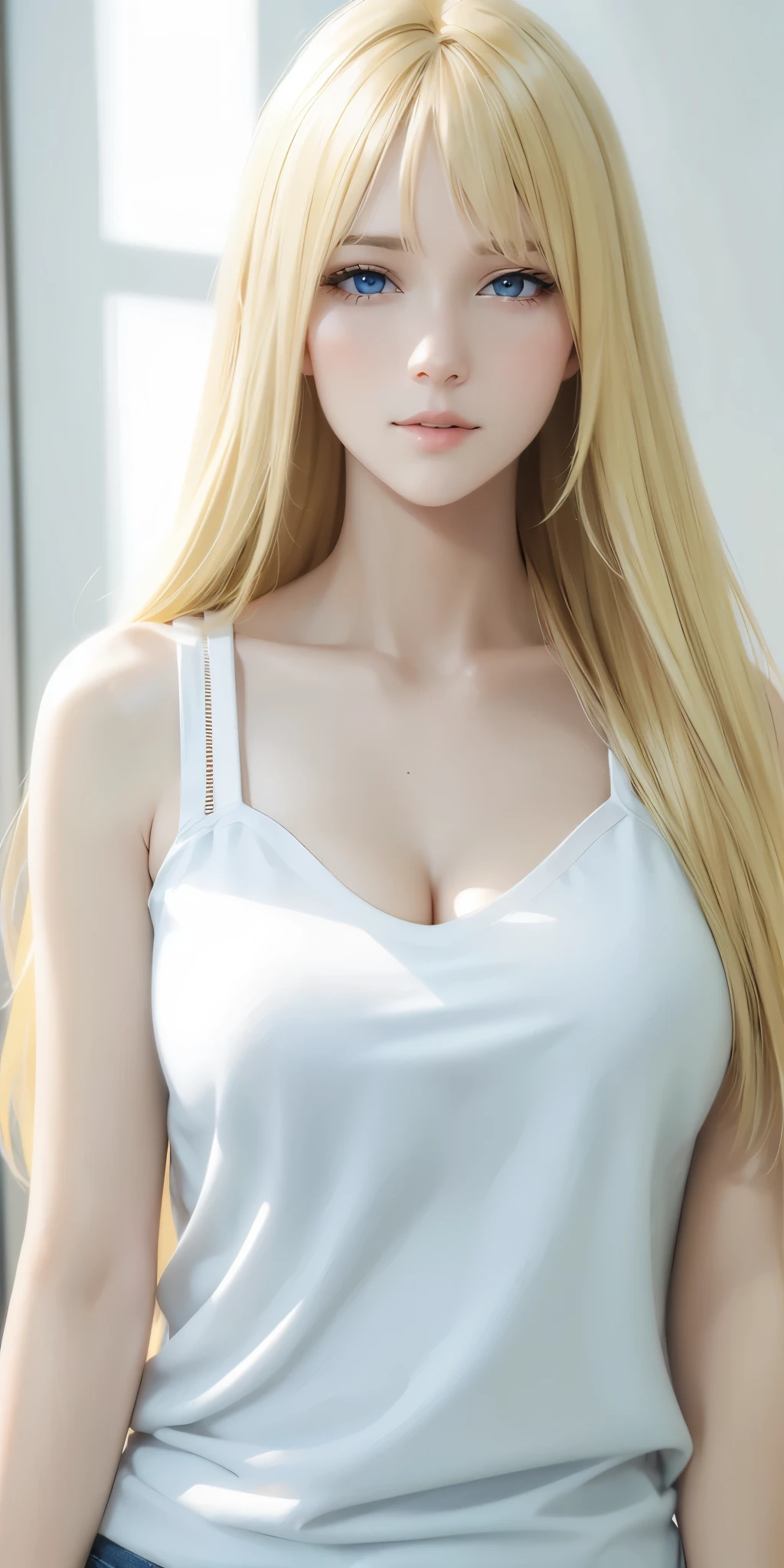 Upper body, gorgeous adult woman, long neck, long blonde hair, bangs, casual outfit, cleavage, soft light, high quality, 4k resolution, looking at viewer