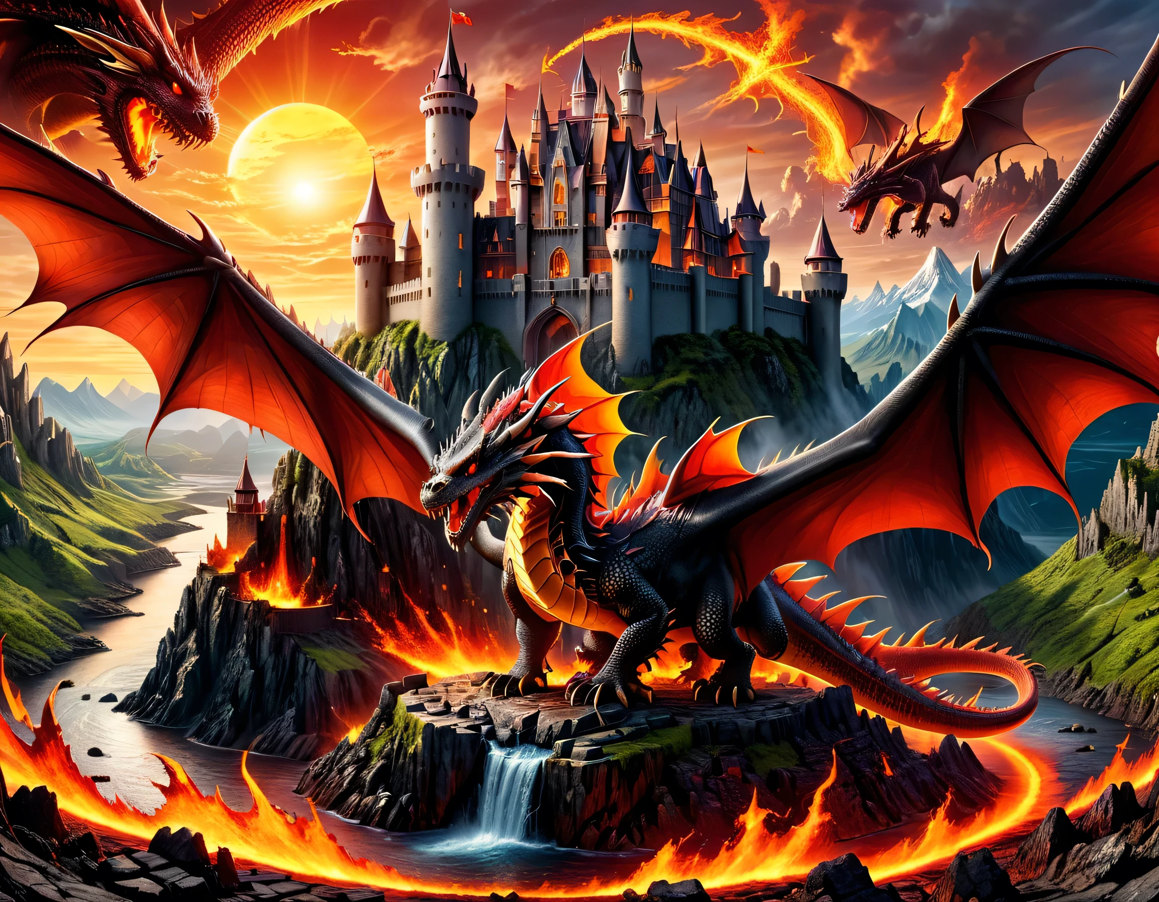a panoramic award winning photography, Photorealistic, extremely detailed of a (castle: 1.4) being attacked by a dragon, an impressive best detailed castle,  with towers, bridges, a moat filled with lava, standing on top of a mountain, the red dragon flying near the castle threatening it, the sun sets on the castle, , masterpiece, best quality, (extremely detailed), ultra wide shot, photorealism, depth of field, faize
