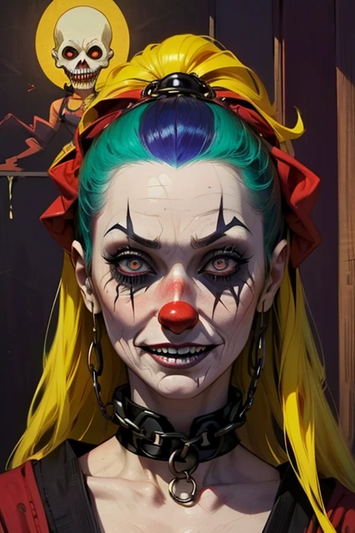 (masterpiece: 1.2, highest quality),((Sunburned skin))、 nightmare, Doll-like face, Horror elements 、Unique atmosphere、Colorful devil clown, Japanese painting, Creepy Appearance, Characteristic hairstyle,(Colorful hair colors)、Collar with chain、National costume