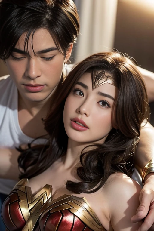私はWonder Womanです、完璧なWonder Womanの衣装，On all fours,Hug from the front,お姫様Hugged,Hugged,Being strangled,You can hold it，Leaning on the man，Hugged，Can be lifted，Men lick my face with their tongues,The guys lick my head with their tongues,Men lick my hair with their tongues,My body is licked by men,sleeping face,Close ~ eyes,Open your mouth,Tired face,Face of Suffering,sleeping face,Being slapped in the face,Getting punched in the face,Fighting with men,Fight with the men,Surrounded by men,,Caught between the men,Being held back by men,Entanglement with males, Attacked by men,Brown Hair,  masterpiece、beautiful girl、fine 目、puffy eyes、highest quality, 超High resolution, (reality: 1.4), Cinema Lighting,so beautiful、Beautiful Skin、(超reality的な)、(High resolution)、(8k)、(Very detailed)、(beautiful and fine 目)、(Very detailed)、 Detailed face、Diagonal bangle hair、Brown Hair、20-year-old、Wonder Womanのコスプレ，Wonder Woman