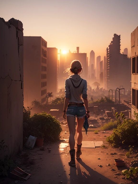 Draw a scene that depicts urban ruins in a desert at dawn. In the center of the composition, a female hunter stands in a torn shirt and denim shorts, sweating as she picks fruit in a makeshift garden among the ruins. The sun is rising in the background, painting the sky with beautiful warm colors. Highlight volumetric lighting and hypercontrast to emphasize the details of the ruins and landscape. Include wild rose bushes around, adding a touch of natural beauty in contrast to the desolate surroundings.