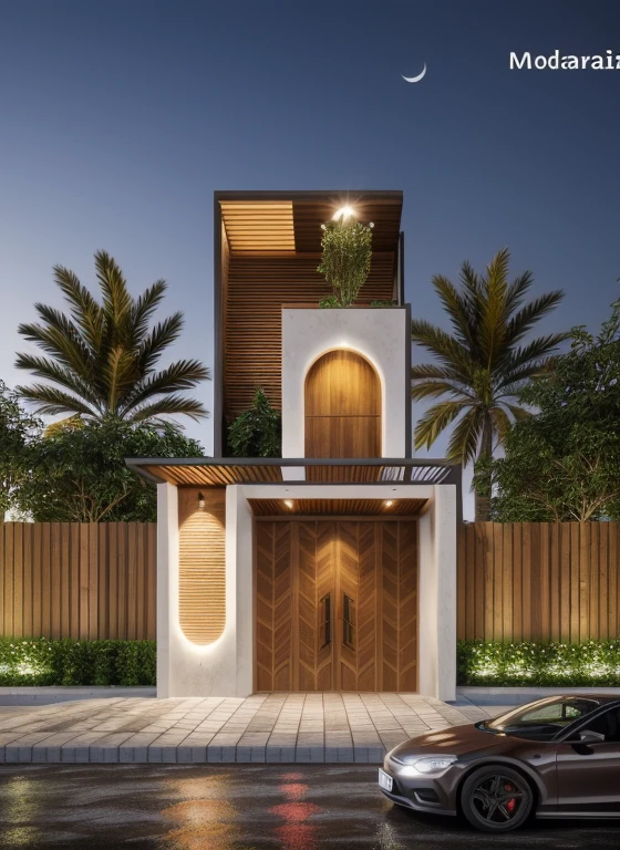  Realistic, hyper detail, 1 morden house, 1 road infront of the house, night light, light from indoor:1.3, few red flower, main maerial about white wall and wooden cladding