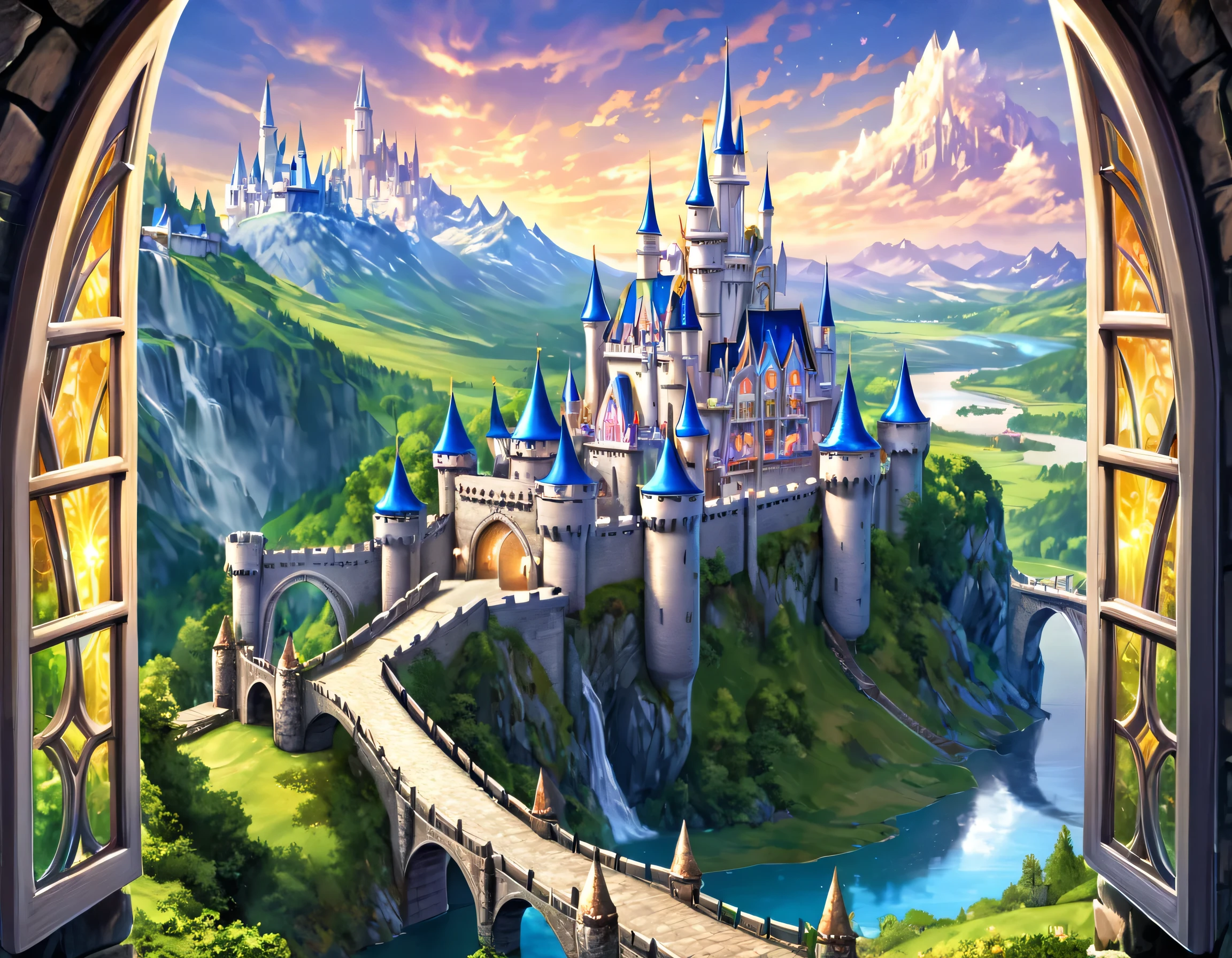 fantasy art, RPG art, a princess looking through her window at a magical castle, a beautiful elven princess looking through her window to see a magical castle, an impressive best detailed castle, with towers, bridges, a moat, standing on top of a mountain colouredglazecd_xl