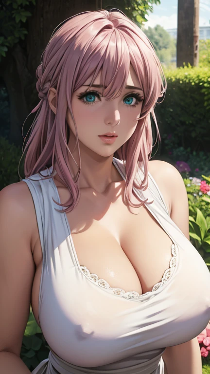  Large breasts, Cute girl, holding a ,1  boy, big sized breast, open neckline, white apron, sleeveless, cleavages, ultra realistic eyes , garden outside, pink cooler hair, bright green eyes, ultra realistic detailed eyes, innocent eyes, looking at camera, long hair,