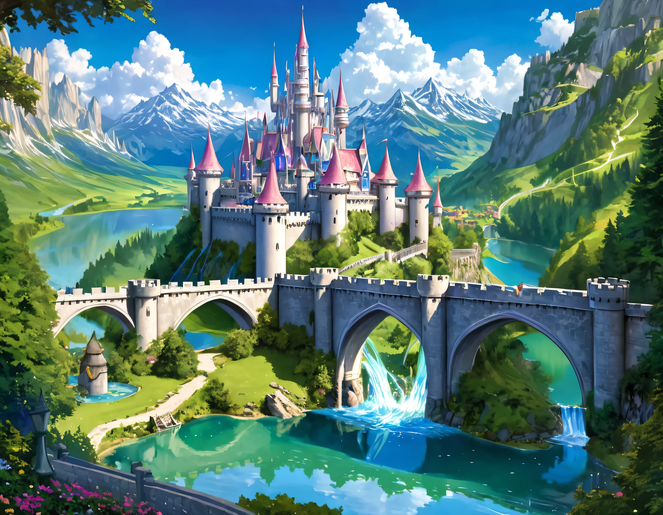 fantasy art, RPG art, a princess looking through her window at a magical castle, a beautiful elven princess looking through her window to see a magical castle, an impressive best detailed castle, with towers, bridges, a moat, standing on top of a mountain colouredglazecd_xl