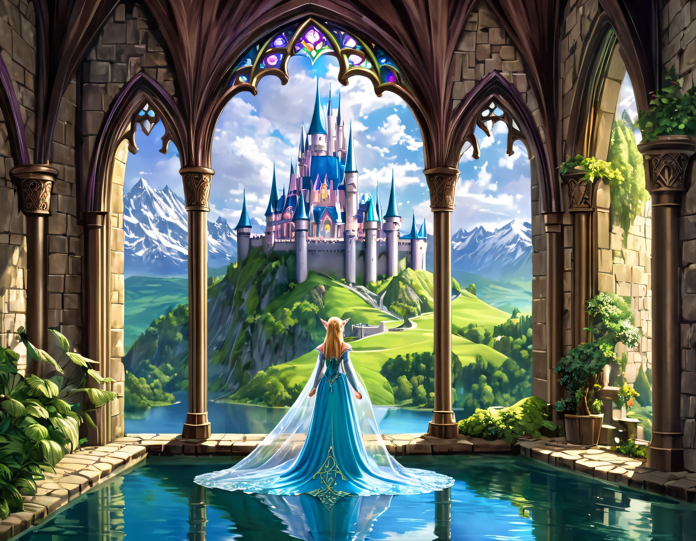 fantasy art, RPG art, a princess looking through her window at a magical castle, a beautiful elven princess looking through her window to see a magical castle, an impressive best detailed castle, with towers, bridges, a moat, standing on top of a mountain colouredglazecd_xl