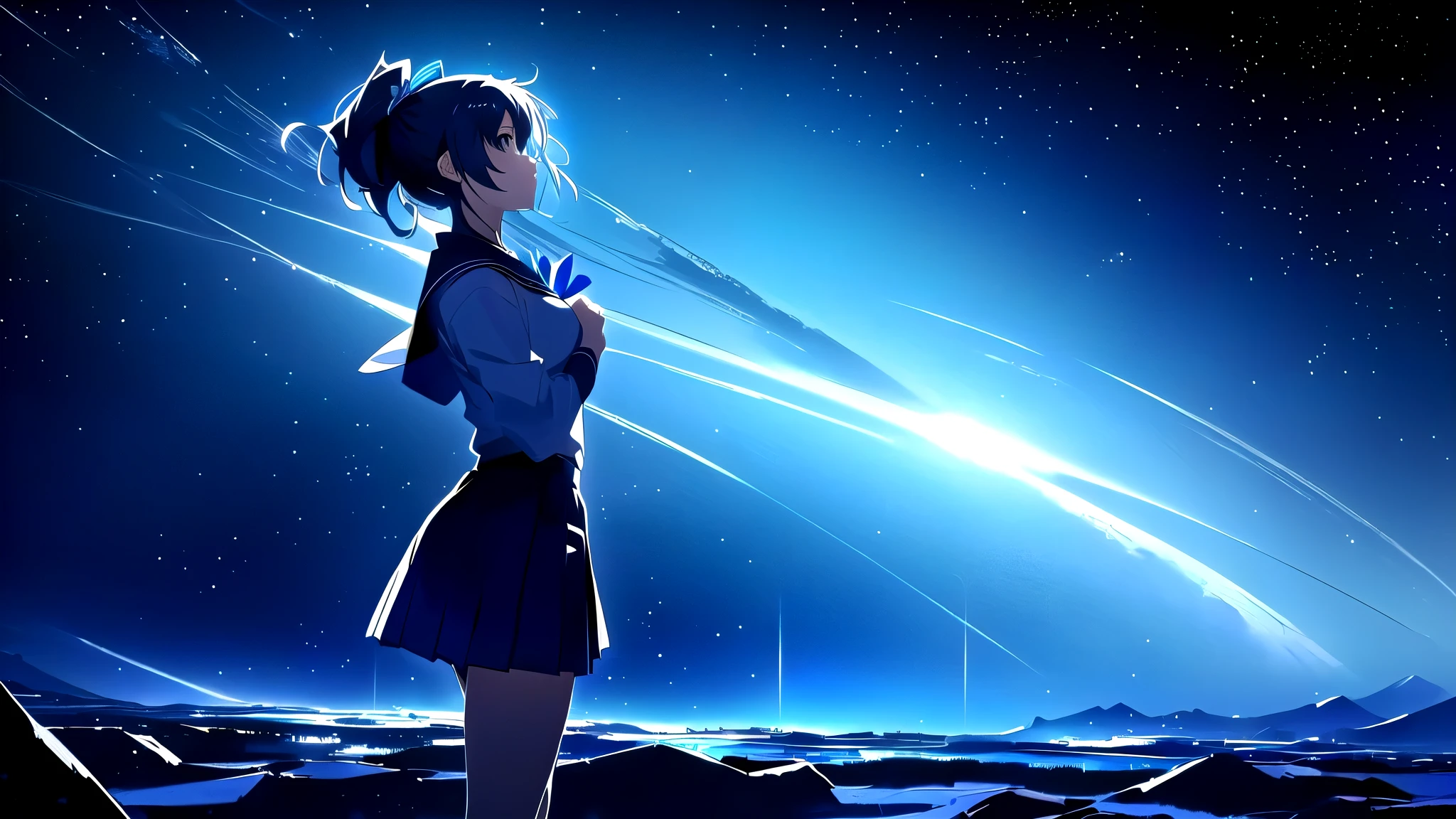 Anime girl in a short skirt watching the stars, 4k anime wallpaper, anime art wallpaper 8k, anime wallpaper 4k, anime wallpaper 4k, Anime Style 4k, 4K Manga Wallpapers, anime art wallpaper 4k, anime art wallpaper 4k, Wallpaper Anime Blue Water, Smooth anime CG art, makoto shinkai cyril rolando