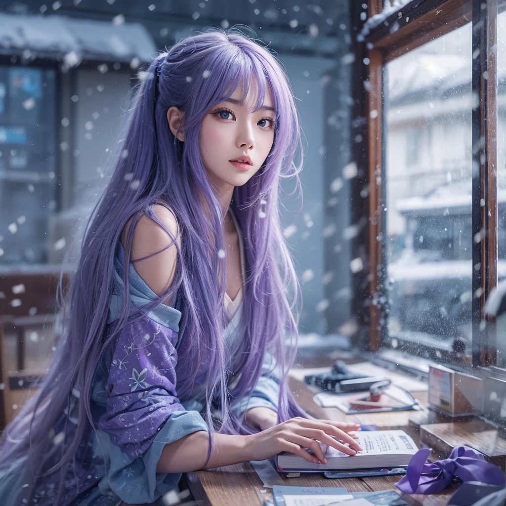 japanese girl with long purple hair and light blue eyes wearing japanese , sitting down leaning towards the desk, beside an open window with snow falling from the sky, best quality, perfect body, amazing detail, realistic, beautiful face