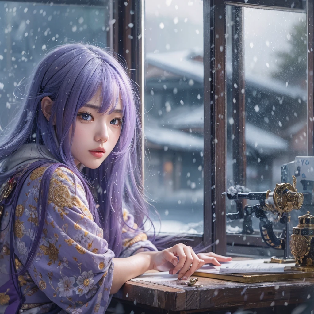 japanese girl with long purple hair and light blue eyes wearing japanese , sitting down leaning towards the desk, beside an open window with snow falling from the sky, best quality, perfect body, amazing detail, realistic, beautiful face