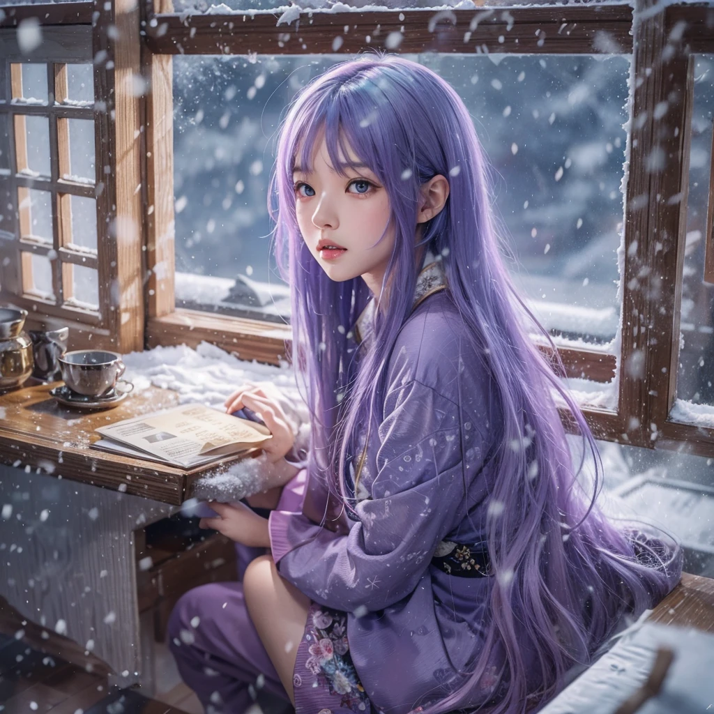 japanese girl with long purple hair and light blue eyes wearing japanese , sitting down leaning towards the desk, beside an open window with snow falling from the sky, best quality, perfect body, amazing detail, realistic, beautiful face