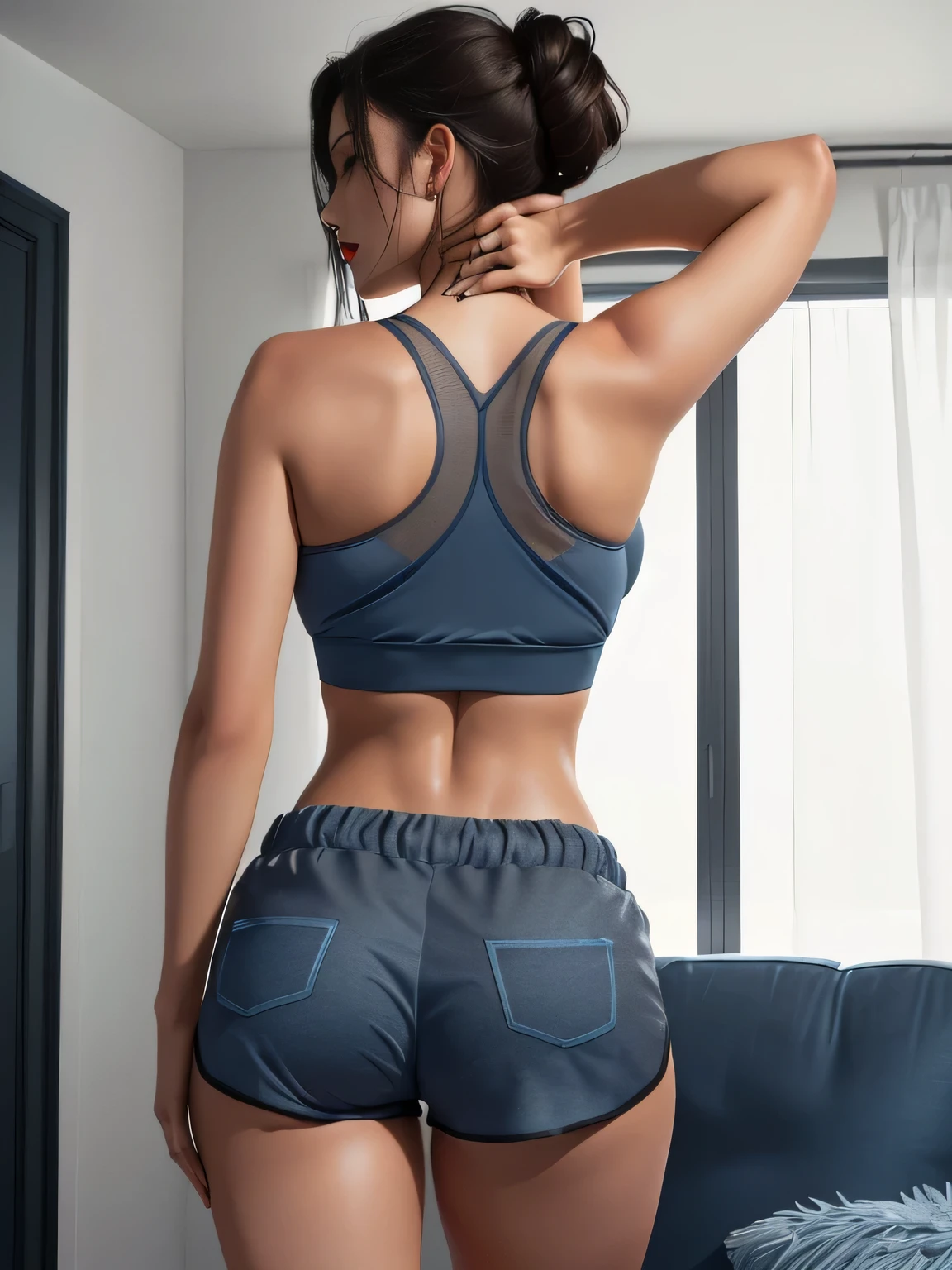 A beautiful light brunette woman, raising her hands, in a gray top and very short dark blue sports shorts, standing in a living room, in shorts, general shot of the back, seen from the back, view from the back, grayish sports bra and blue shorts dark, back view, long shot of back, very short pants, back views, back photo, back views, back, rear view, photo taken from the back, with tanned body, toned body, athletic body, (( ((legs)))); sexy pose, extremely sexy, very sensual, shapely legs. She is about 36 years old, 1.62 tall, 60 kg, best quality, perfect face, perfect mouth, perfect hands, is standing, (full body) wearing a tank top (((grayish top))), blue shorts tight dark blue shorts (((dark blue shorts))), short blue shorts for gym training, well defined, her slightly plump and red lips look like a delicate flower. Slim body, slim waist. Her body exudes glamor and her face is the definition of beauty. Highly realistic, reddish skin, feeling of lightness and joy, hyper-realism, very elaborate skin. Sharp photo, high quality, high resolution (ultra quality masterpiece), Ultra HD, high contrast, 16K. Masterpiece: 1.3, high resolution, (photographically realistic), 8k, NUDE, NUDITY, NFSW.