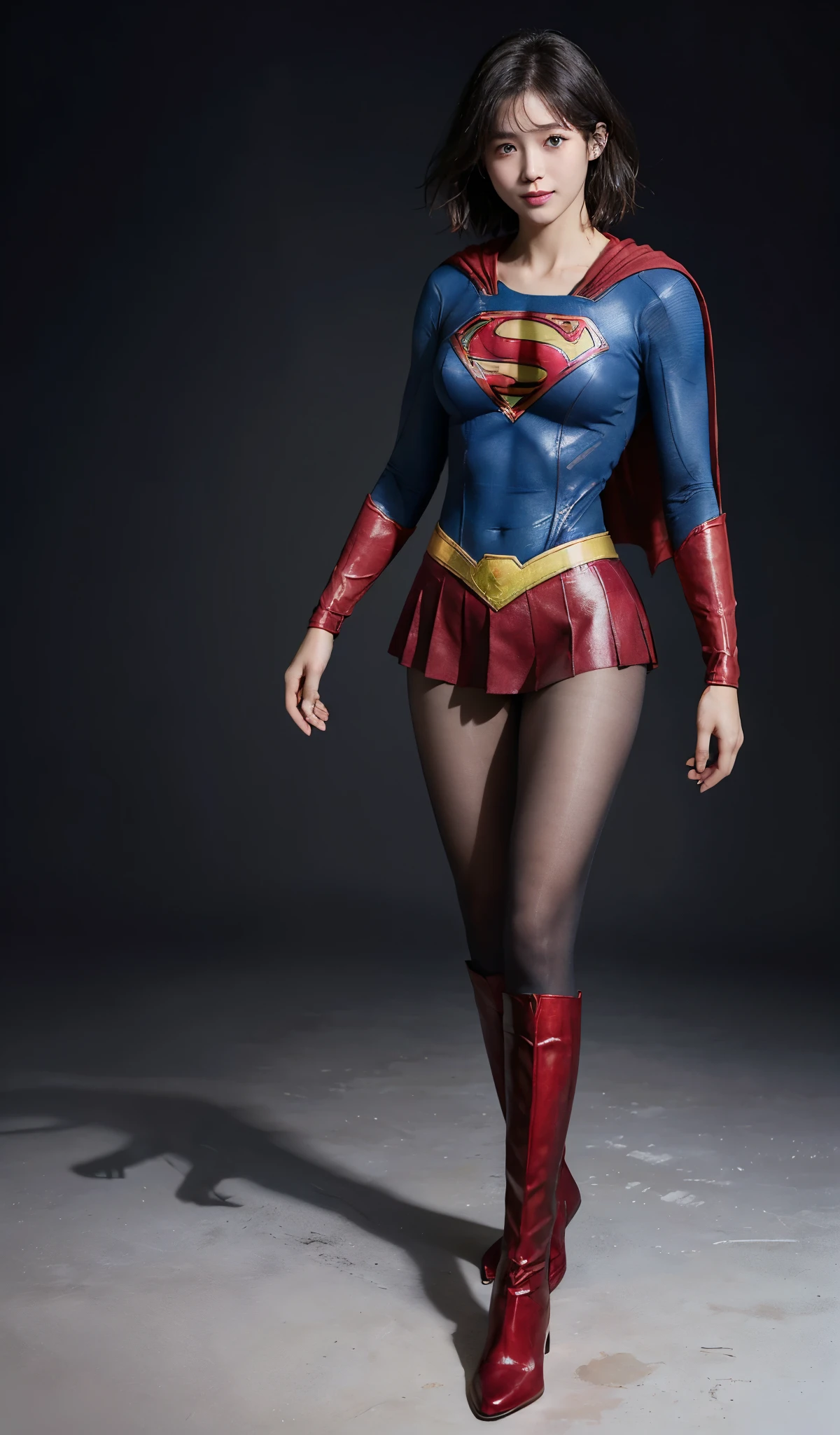 No background、(((Beautiful legs in black tights.)))、(((Legally express the beauty of your smile)))、((((Make the most of your original images)))、(((Supergirl Costume)))、(((Beautiful short bob hair)))、(((suffering)))、(((Please wear black tights....、Wear red boots)))、((Best image quality、8k))、((highest quality、8k、masterpiece:1.3))、(((Preserve background )))、Sharp focus:1.2、Beautiful woman with perfect figure:1.4、Slim Abs:1.2、Wet body:1.5、Highly detailed face and skin texture、8k