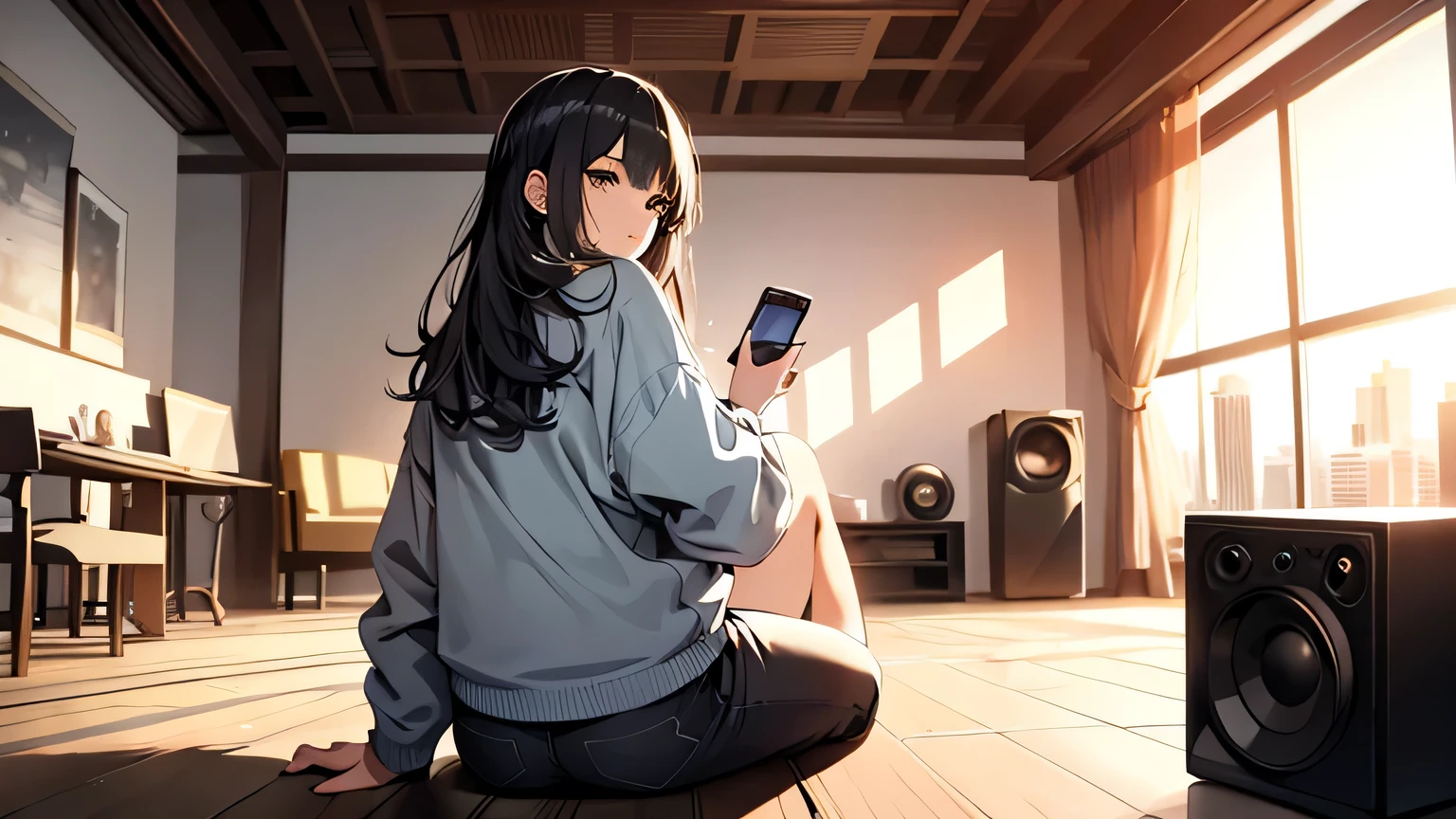 ((highest quality)), ((masterpiece)), (detailed), Perfect Face、audio room、speaker、sitting on the couch listening to music、look back、Angle from behind、