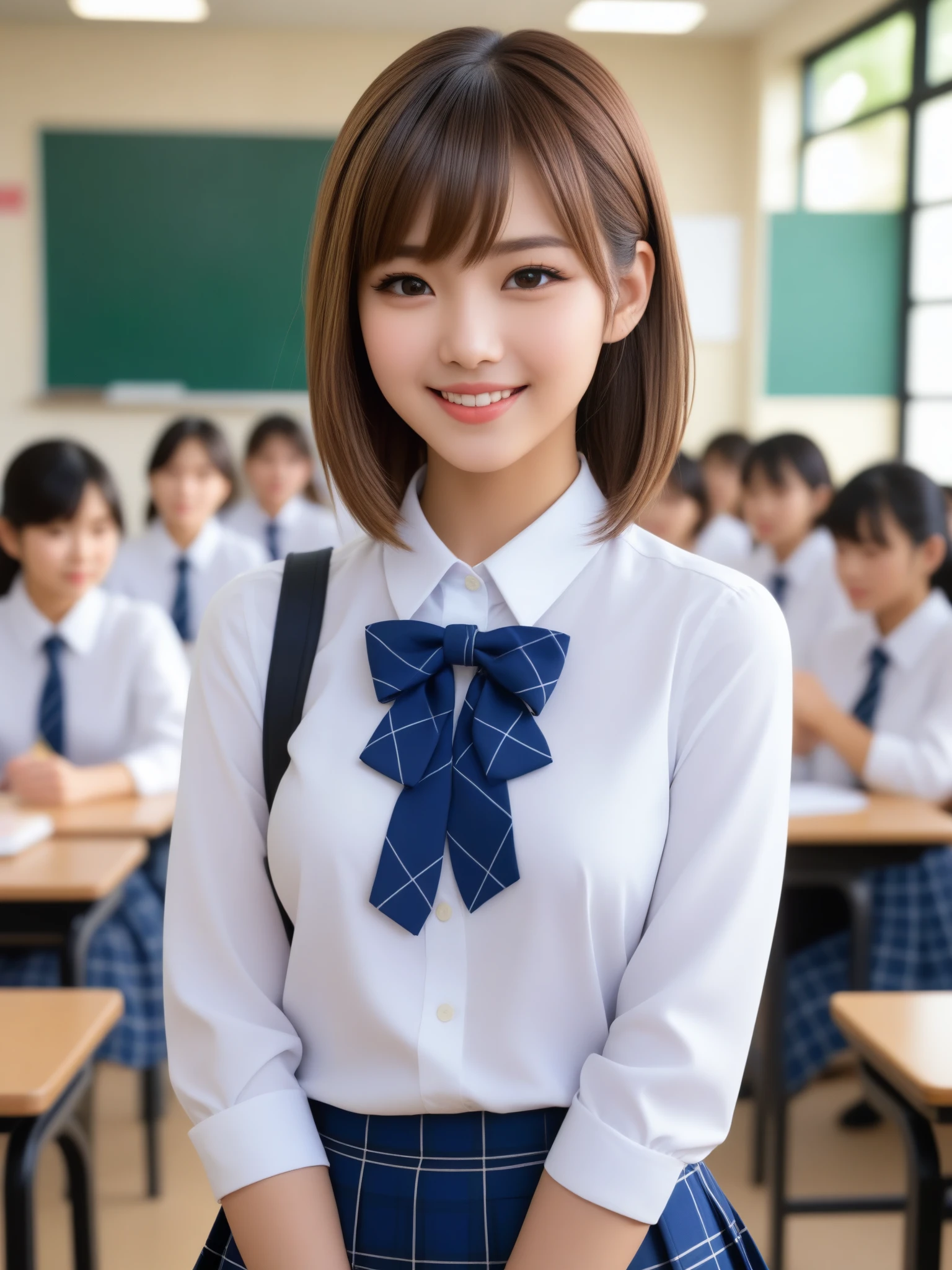 product quality, 1girl, upper body shot, front view, a Japanese young pretty girl, 18 years old, short hair, standing with a big smile in a crowded classroom of a high school, glamorous figure, busty, wearing a white collared shirt of long sleeves, plain dark blue bow tie, dark blue tartan plaid pleated skirt, a school bag on her shoulder, hyper cute face, glossy lips, double eyelids in both eyes, natural makeup, long eyelashes, shiny smooth light brown hair, asymmetrical bangs, fair skin, central image, high resolution, high detail, detailed hairstyle, detailed face, spectacular cinematic lighting, octane rendering, vibrant, hyper realistic, perfect limbs, perfect anatomy