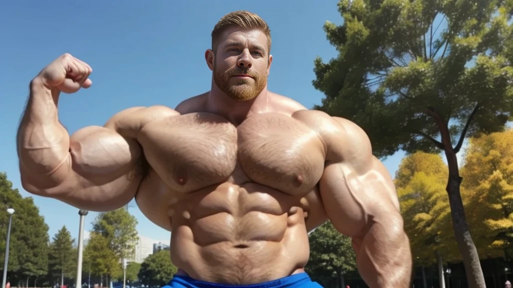 1man, realistic, Big muscular man with blue eyes and extremely defined vascular muscles, perfect six pack, unrealistically large muscular pecs, showing off muscles, muscle bimbo, sunny day, park background, handsome, masculine, ginger, flexing biceps, perfect biceps, round biceps, arm flexed, bicep flexing pose, appropriately dressed