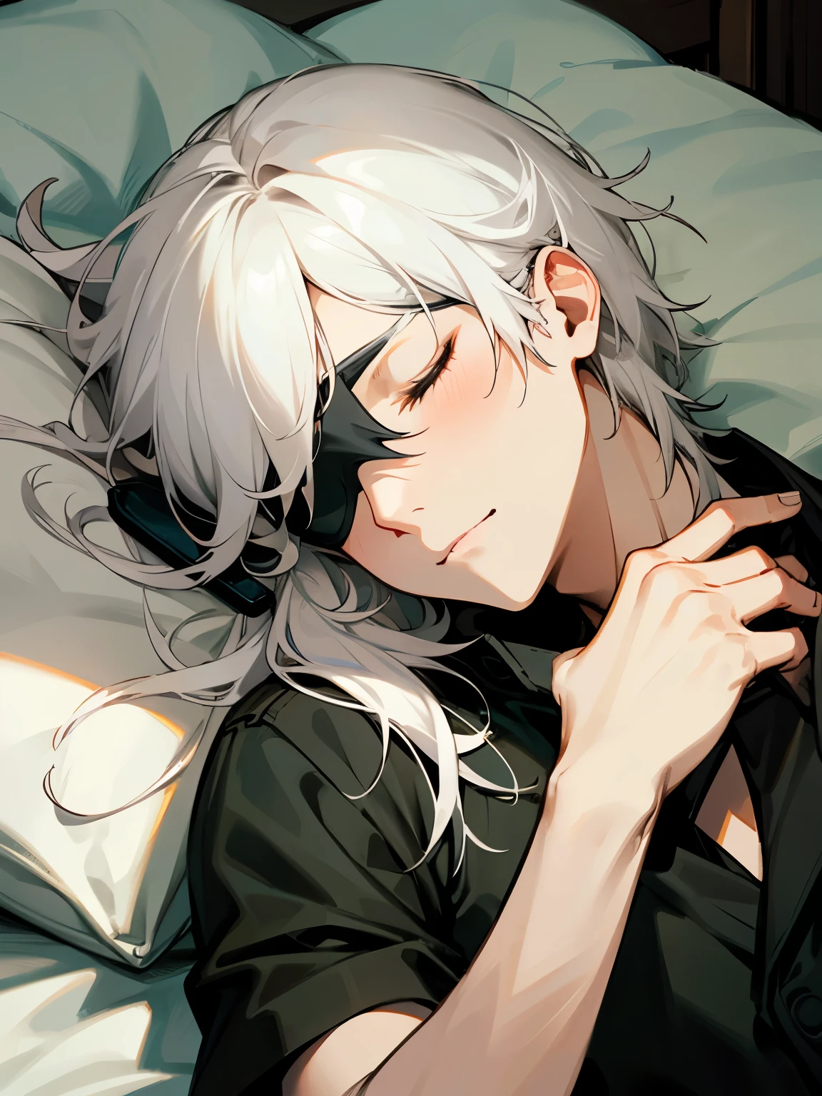 A white hair man sleeping with sleep eye mask on, but someone's hand reach and try to take it off from him.