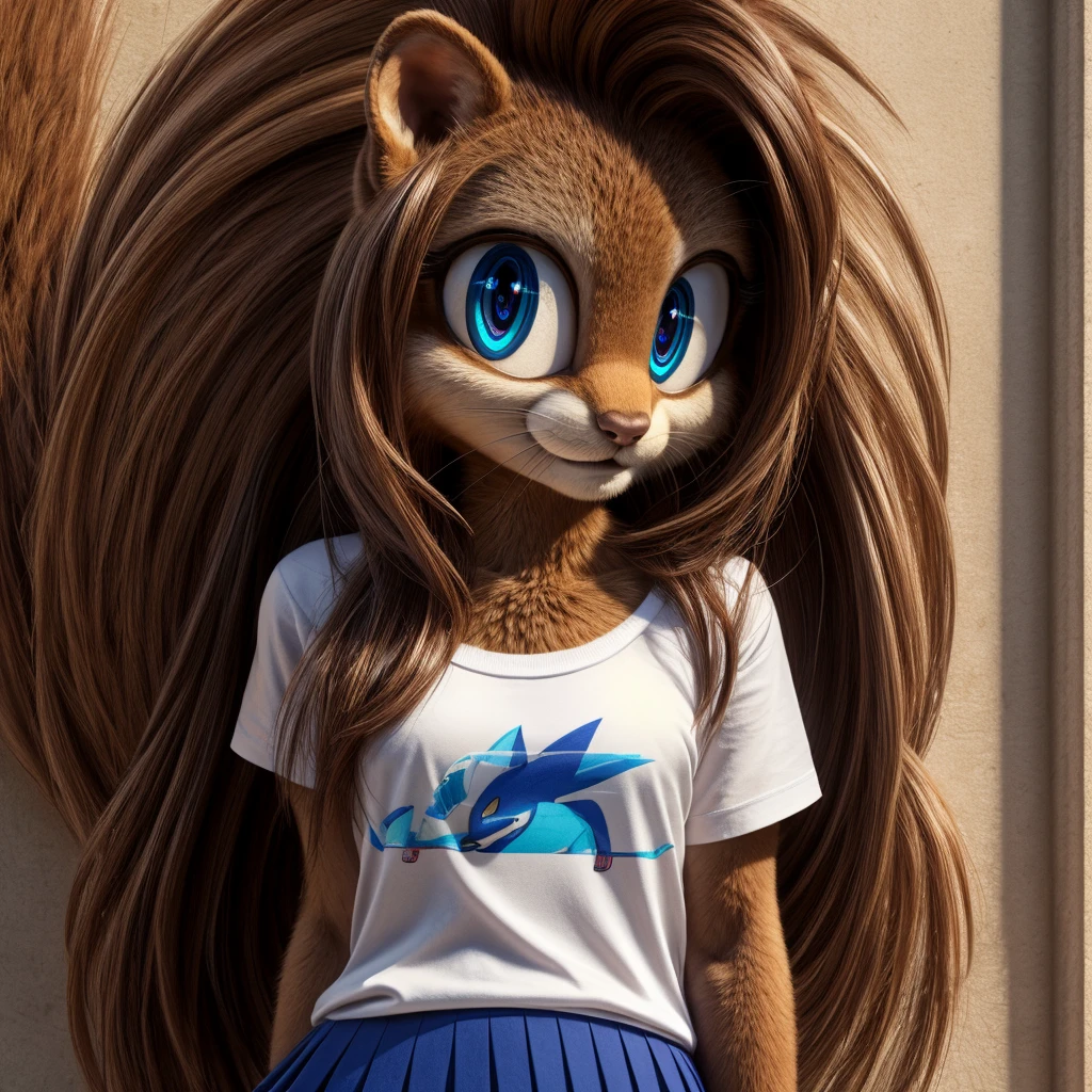 Realistic, furry, fluffy, beautiful eyes, long hair, flowing hair, anthromorphic, anthro, squirrel, woman, t-shirt, brown fur, blue eyes, attractive, skirt, huge eyes, anime eyes, looking at me, sonic style, sonic eyes, sonic style eyes