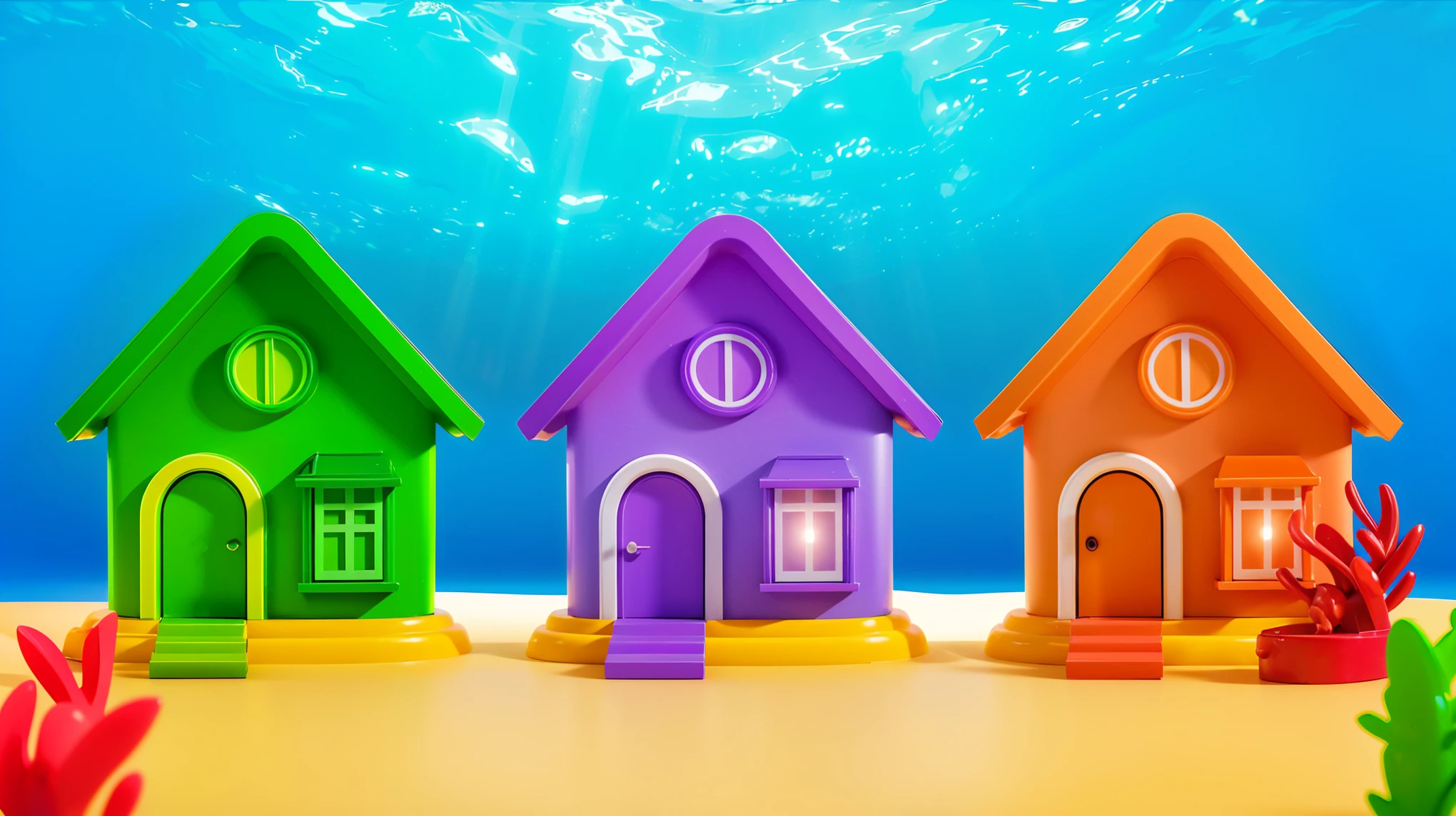 The image depicts three colorful houses in a desert setting. 3d underwater world algae sand. The image depicts a 3D rendered illustration of a boy and a girl with their hands shaped in the shape of a heart. They are both smiling and have red hair. The background is blue. cartoon characters stand next to each other, Electricsbunny, Holographic creatures, Beeple and Jeremiah Ketner, 🐋 as 🐘 as 🤖 as 👽 as 🐳, matte, Rabbids, cute 3D rendering, 3D icon for mobile game, robot rabbit, Shiny metallic, 3D персонажи violet cat toy, toy cat laying on glossy , glossy texture, smooth 3d model, multiple light sources, rim light, sharp post effects render, (glossy big light probe refractions), perfect cgi, cgi art created only with gradients, smooth silhouette, high intensity refraction, ( ), most beautiful vfx, blue background