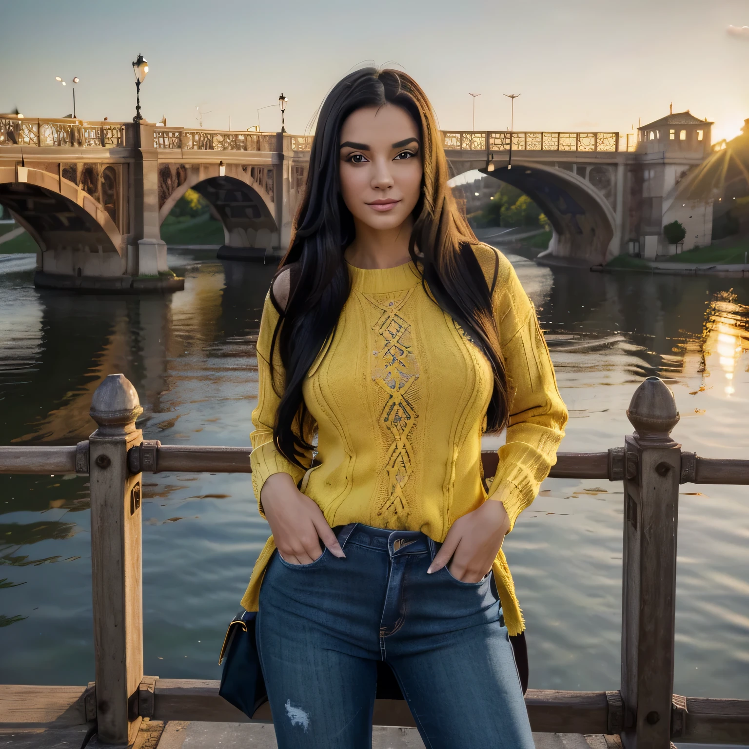 (Best quality, high resolution, ultra detailed: 1.2), HDR, vivid colors, beautiful girl with long black hair, sexy, posing in front of the Oberbaum Bridge, posing, stunning view, black jeans and yellow sweater, luxury clothing ,cheerful expression, long flowing hair, detailed face, blue eyes, medium breasts, carefree moments. Super detailed, high quality. Sunset