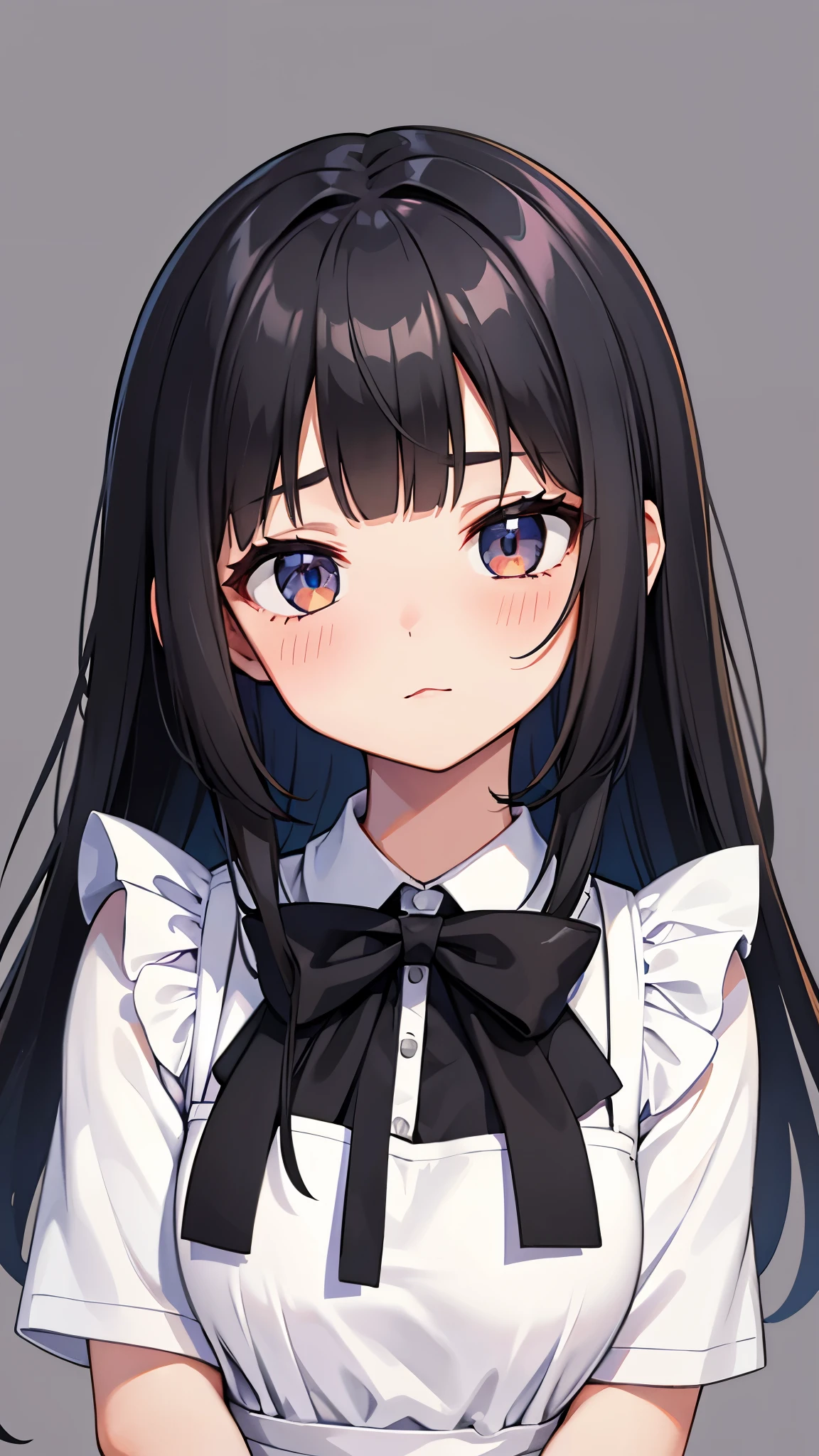 1 girl, upper body, big face, black hair, white dress, white apron, black bow, Simple background
