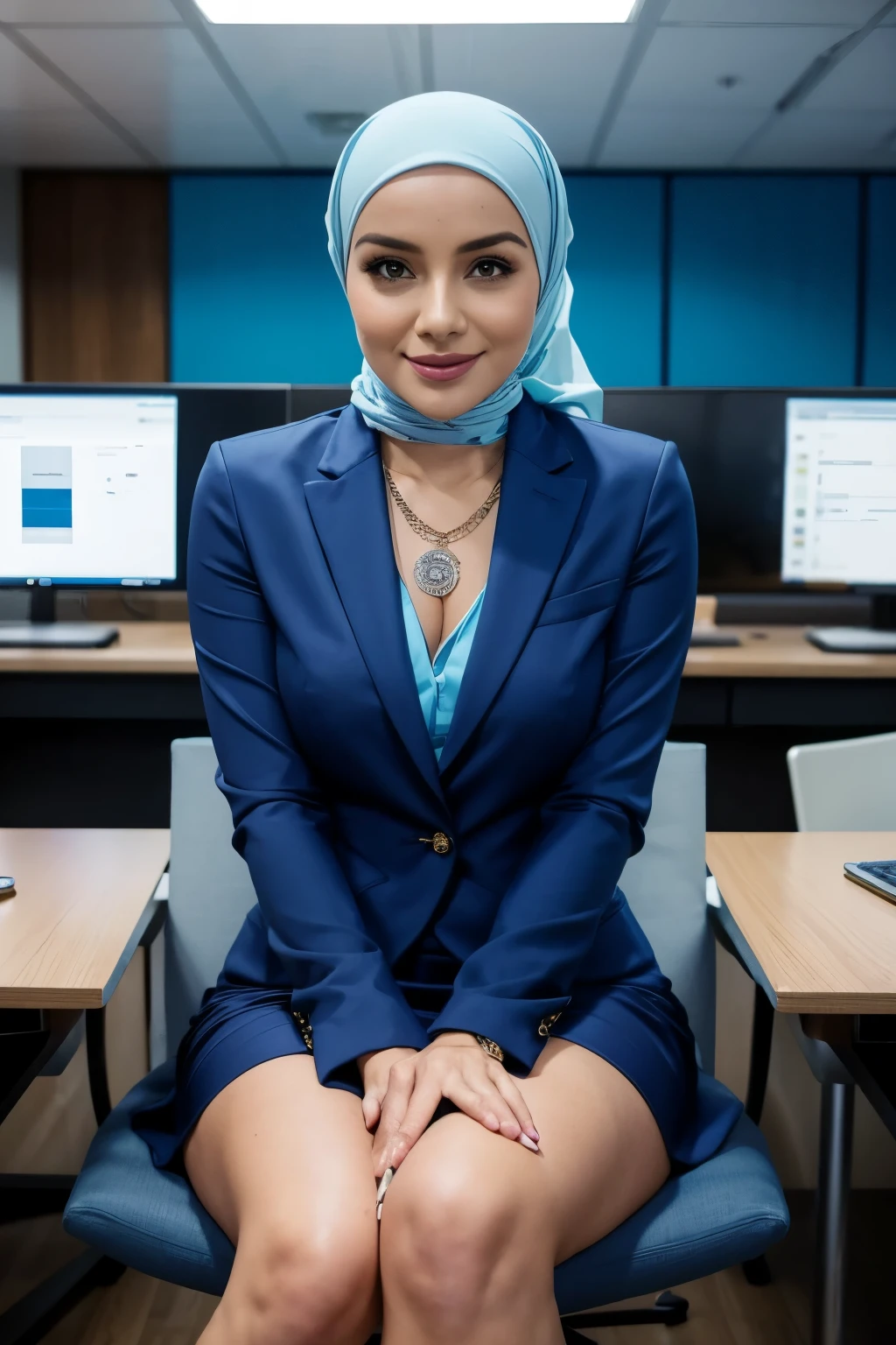 1 lady, wearing a blazer and short dress and blue hijab, tighs, sitting in meeting room, officewear, legs spread, close shot, wearing big necklace, unbottoned,