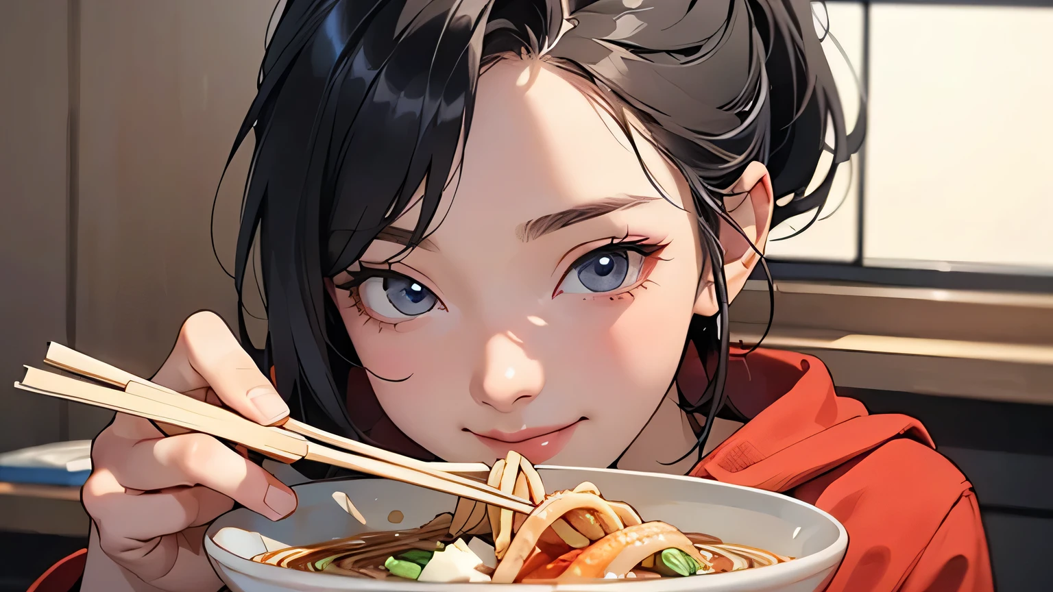 8k, Best Quality, Ultra HD, 1 Female, 1980s Pop Culture Anime Style, 21 Years Old, (Masterpiece, High Definition, Details), Chips \(Food\), , Red Hoodie (Real as Picture: 1.4) , (Famous Japanese actress:1.2), very beautiful, cute, professional photo, very delicate and beautiful, very detailed, very detailed beautiful girl, very detailed face, very detailed eyes, very detailed skin, very detailed fingers, very detailed nose, very detailed mouth, perfect anatomy, realistic body, fair complexion, shiny skin, slender body, good figure, looking at viewer, smile, cute smiling face (black hair) , (Ponytail, Headphones,), (Surrealistic), (Drawing), (High Resolution), (8k), (Highly Detailed), (Best Drawing), (Beautiful and Big Eyes), (Best Quality) , (Super detailed), (Ramen shop)(((holds bowl))), (((top quality))), (((one girl))),((holds chopsticks)) eating ramen slurping noodles,