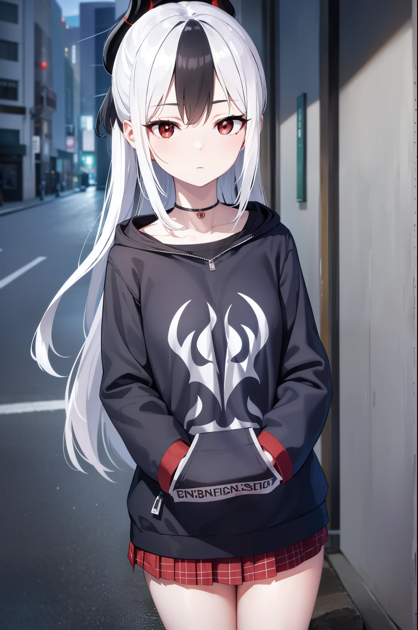 kayokoonikata, kayoko onikata, black hair, demon horns, hair between eyes, halo, horns, long hair, low wings, mole, mole on collarbone, multicolored hair, ponytail, (red eyes:1.5), single wing, two-tone hair, white hair, wings,
BREAK black hoodie, choker, hood, hoodie, pleated skirt, skirt, red skirt,
BREAK outdoors, city, sky, raining,
BREAK looking at viewer, (cowboy shot:1.5),
BREAK (masterpiece:1.2), best quality, high resolution, unity 8k wallpaper, (illustration:0.8), (beautiful detailed eyes:1.6), extremely detailed face, perfect lighting, extremely detailed CG, (perfect hands, perfect anatomy),