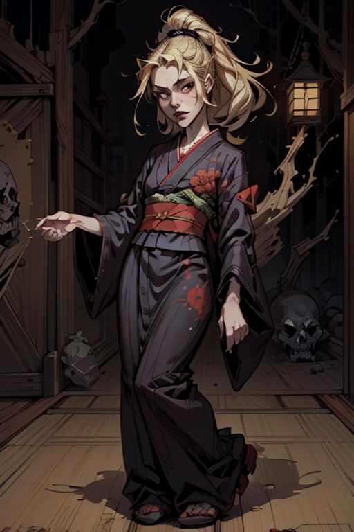 (masterpiece), (High resolution), (Very delicate), (masterpiece: 1.2, highest quality), ((pierce;Put your hands forward)), scribble, nightmare, Doll-like face, Manga style, rough sketch, Manga styleイラスト, (Horror elements), Japanese painting, whole body,(snap shot), (Spooky), Japan sculpture,old picture scroll style, old staging, Ancient mural style, crazy illustration, Dark atmosphere, Flat Illustration, Spookyな外観, A very distinctive hairstyle, disheveled blonde hair、creative accessories, Unique atmosphere、Punk Kimono、Girl punching