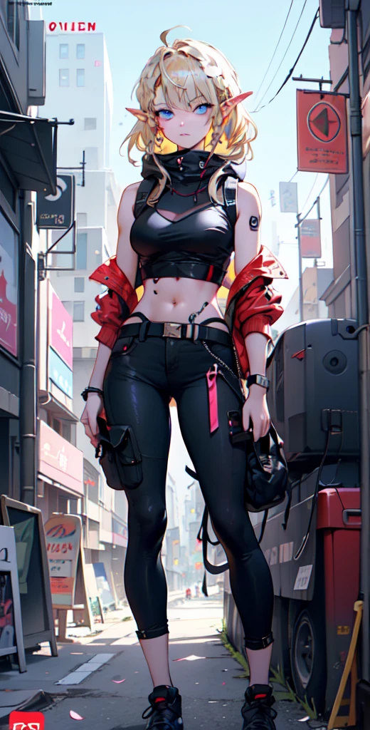 ((masterpiece)), (top quality), (best quality), ((ultra-detailed, 8k quality)), Aesthetics, Cinematic lighting, soft semi-backlit light, (detailed line art), absurdres, (best composition), (high-resolution),
BREAK,
a beautiful adult cyberpunk elf girl, wearing  a shirt with a armbands, techwear women, techwear occultist, wearing cyberpunk techwear, dystopian scifi outfit postapocalyptic vibes of the poster, wearing a stylish and edgy outfit, with a determined expression on her face, black pants, standing, looking at viewer, sleeveless hoodie, black footwear, zipper, wearing a stylish and edgy outfit, see-through, straight-on, street, sky, cherry blossoms, (magazine:1.3), (cover-style:1.3), fashionable, woman, vibrant, outfit, posing, front, colorful, dynamic, background, elements, confident, statement, accessory, majestic, coiled, around, touch, scene, text, cover, bold, title, stylish, font, catchy, headline, larger, striking, modern, trendy, focus, fashion,
BREAK,
highly detailed of (elf), (1girl), solo, perfect face, details eye, ahoge,  (braided bangs:1.3), ((long hair:1.2)), [[Messy hair]], blonde white shining hair,  blue eyes, shining eyes, (beautiful detailed eyelashes, eyeshadow, pink eyeshadow), design art by Mikimoto Haruhiko, by Kawacy, By Yoshitaka Amano,
BREAK, 
((perfect anatomy)), perfect body, Abs, medium breast, perfect hands, perfect face, beautiful face, beautiful eyes, perfect eyes, (perfect fingers, deatailed fingers), correct anatomy, perfect legs,