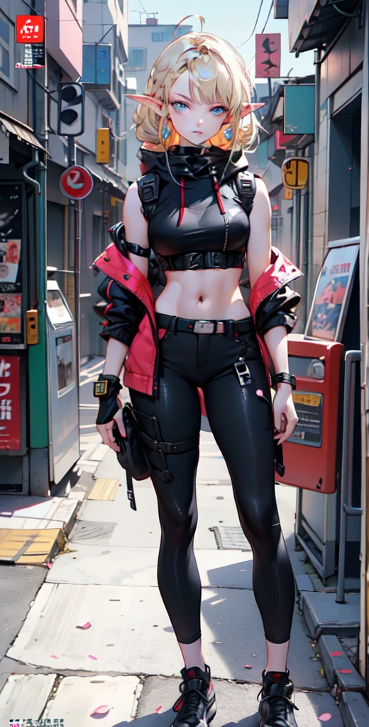 ((masterpiece)), (top quality), (best quality), ((ultra-detailed, 8k quality)), Aesthetics, Cinematic lighting, soft semi-backlit light, (detailed line art), absurdres, (best composition), (high-resolution),
BREAK,
a beautiful adult cyberpunk elf girl, wearing  a shirt with a armbands, techwear women, techwear occultist, wearing cyberpunk techwear, dystopian scifi outfit postapocalyptic vibes of the poster, wearing a stylish and edgy outfit, with a determined expression on her face, black pants, standing, looking at viewer, sleeveless hoodie, black footwear, zipper, wearing a stylish and edgy outfit, see-through, straight-on, street, sky, cherry blossoms, (magazine:1.3), (cover-style:1.3), fashionable, woman, vibrant, outfit, posing, front, colorful, dynamic, background, elements, confident, statement, accessory, majestic, coiled, around, touch, scene, text, cover, bold, title, stylish, font, catchy, headline, larger, striking, modern, trendy, focus, fashion,
BREAK,
highly detailed of (elf), (1girl), solo, perfect face, details eye, ahoge,  (braided bangs:1.3), ((long hair:1.2)), [[Messy hair]], blonde white shining hair,  blue eyes, shining eyes, (beautiful detailed eyelashes, eyeshadow, pink eyeshadow), design art by Mikimoto Haruhiko, by Kawacy, By Yoshitaka Amano,
BREAK, 
((perfect anatomy)), perfect body, Abs, medium breast, perfect hands, perfect face, beautiful face, beautiful eyes, perfect eyes, (perfect fingers, deatailed fingers), correct anatomy, perfect legs,