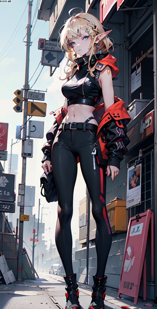 ((masterpiece)), (top quality), (best quality), ((ultra-detailed, 8k quality)), Aesthetics, Cinematic lighting, soft semi-backlit light, (detailed line art), absurdres, (best composition), (high-resolution),
BREAK,
a beautiful adult cyberpunk elf girl, wearing  a shirt with a armbands, techwear women, techwear occultist, wearing cyberpunk techwear, dystopian scifi outfit postapocalyptic vibes of the poster, wearing a stylish and edgy outfit, with a determined expression on her face, black pants, standing, looking at viewer, sleeveless hoodie, black footwear, zipper, wearing a stylish and edgy outfit, see-through, straight-on, street, sky, cherry blossoms, (magazine:1.3), (cover-style:1.3), fashionable, woman, vibrant, outfit, posing, front, colorful, dynamic, background, elements, confident, statement, accessory, majestic, coiled, around, touch, scene, text, cover, bold, title, stylish, font, catchy, headline, larger, striking, modern, trendy, focus, fashion,
BREAK,
highly detailed of (elf), (1girl), solo, perfect face, details eye, ahoge,  (braided bangs:1.3), ((long hair:1.2)), [[Messy hair]], blonde white shining hair,  blue eyes, shining eyes, (beautiful detailed eyelashes, eyeshadow, pink eyeshadow), design art by Mikimoto Haruhiko, by Kawacy, By Yoshitaka Amano,
BREAK, 
((perfect anatomy)), perfect body, Abs, medium breast, perfect hands, perfect face, beautiful face, beautiful eyes, perfect eyes, (perfect fingers, deatailed fingers), correct anatomy, perfect legs,