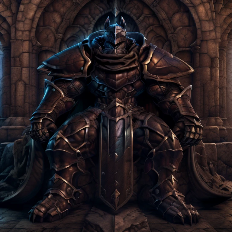 (masterpiece, best quality, detailed:1.2) (Pokémon) LUCARIO, detailed full body, a knight's mechanical armor, glowing wide and heavy armor, wears full body armor. massive muscles, huge pecs, chiseled abs, huge pectorals, exaggeratedly huge muscles. wearing a cloak. unusually developed muscular body big muscle, pecs, triceps, traps, waist narrow, unusually developed muscular body, Dark knight, BlackKnight_fe, The claws are sharp, Sharp teeth, He wears a black cloak on his back. sitting on the throne,