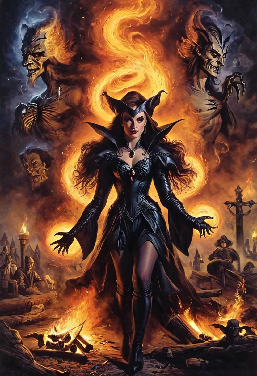 Masterpiece, Ultrarealist, 8k, dark, pagan ritual, bonfire, dark, angelic entity, joy , smug, witch, night, perfect realism, possession, demonic entity, macabre witch SDXL Unstable Diffusers ☛ YamerMIX Lora ScarletWitch (SDXL) WitchBlade (Sara Pezzini) XL