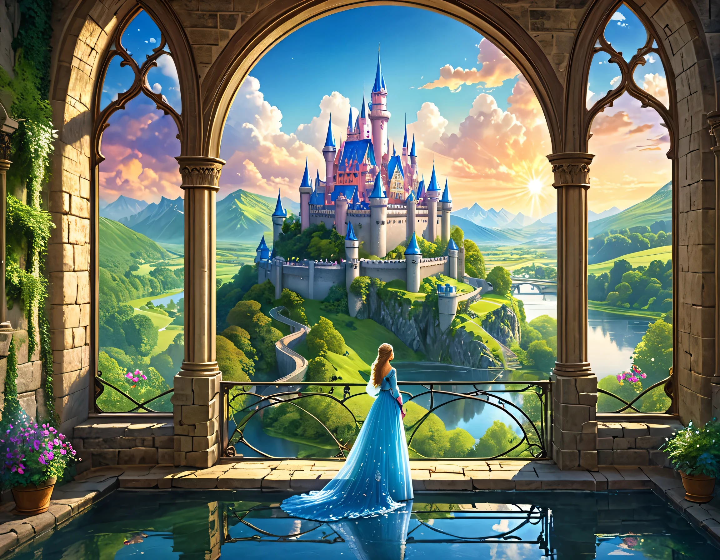 fantasy art, RPG art, a princess looking through her window at a magical castle, a beautiful human princess looking through her window to see a magical castle, an impressive best detailed castle, with towers, bridges, a moat, standing on top of a mountain colouredglazecd_xl