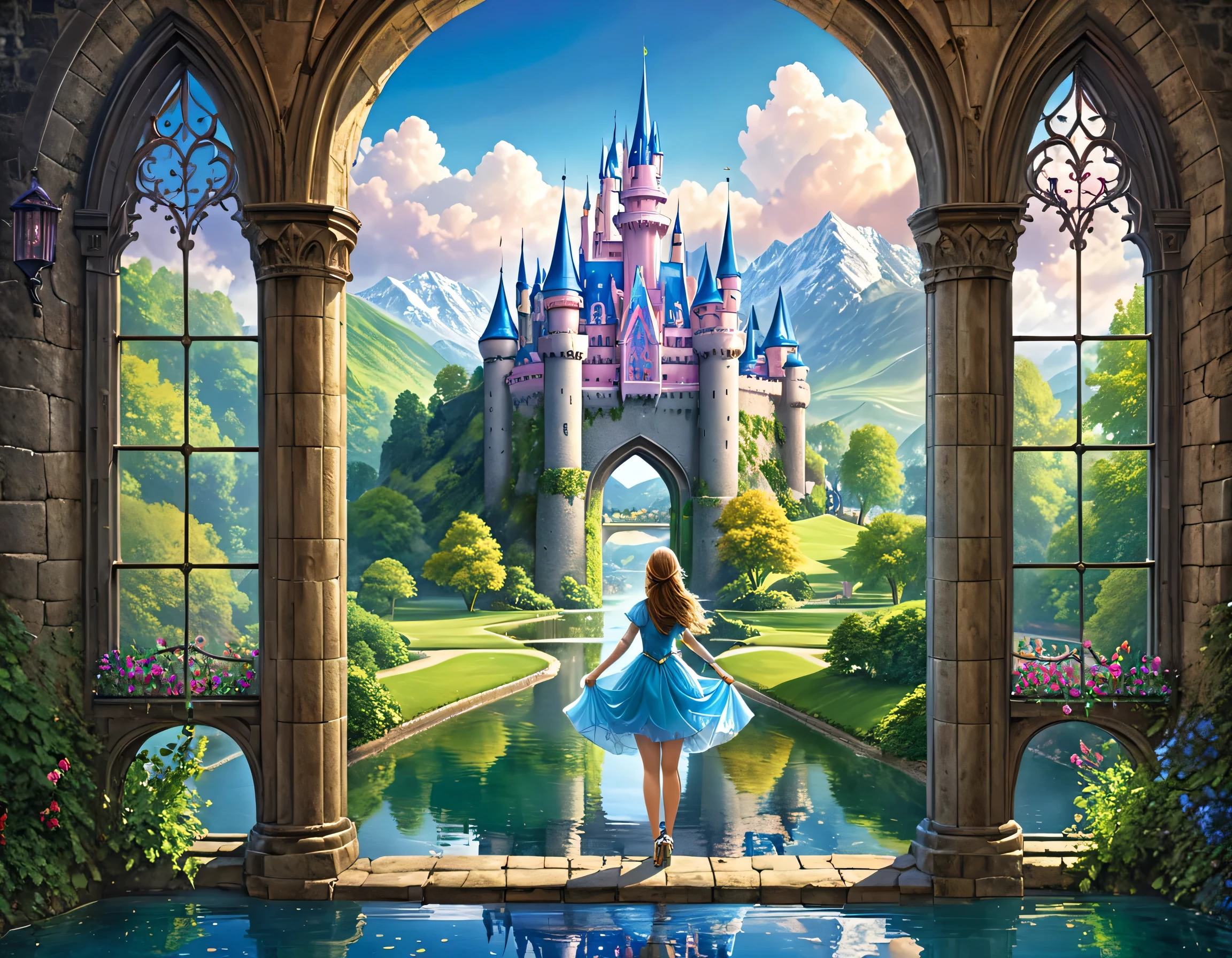 fantasy art, RPG art, a princess looking through her window at a magical castle, a beautiful human princess looking through her window to see a magical castle, an impressive best detailed castle, with towers, bridges, a moat, standing on top of a mountain colouredglazecd_xl