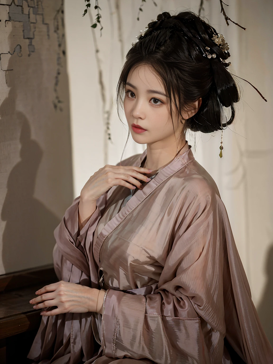 In a dimly lit alley,Lights flickering。She stood quietly,A bit confused,Biting lips unconsciously,Hands clasped together nervously,Revealing a hint of uneasiness。The moss on the wall looks a bit eerie in the dim light,It highlights her helplessness.。