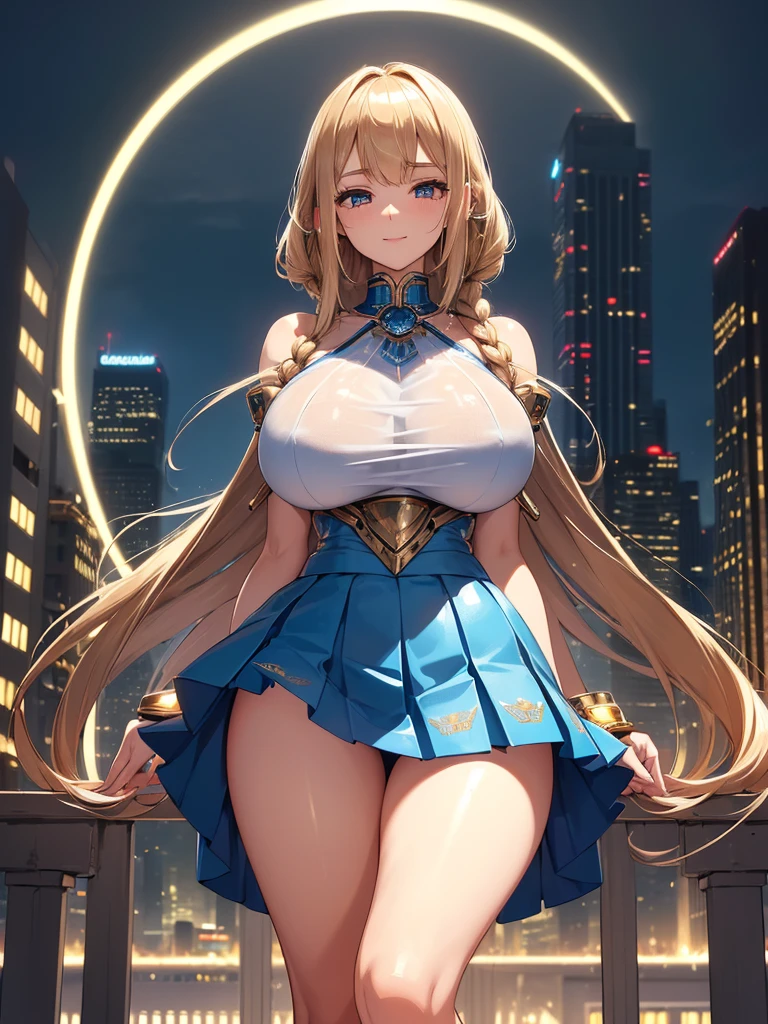 (((masterpiece))), (((best quality))), ((ultra-detailed)), (illustration), ((an extremely delicate and beautiful)), ((super detail)), ((high resolution)), (((20 years old))), metallic cloth, (cheerleader), (android), delicate metal decorations, gleaming skin, shiny body, two legs, breast focus, (((tall))), slender legs, ((big round eyes)), cute eyes, drooping eyes, ((adult)), two hands, five fingers, no extra hands, elegant smile, braid, ((metallic blue)), (see-through), (dark blonde), (ultra-huge breasts), (shining brightly), outdoor, mini skirt, city, daytime, ((biopunk)), ((hair shorter than shoulder)), gynoid,