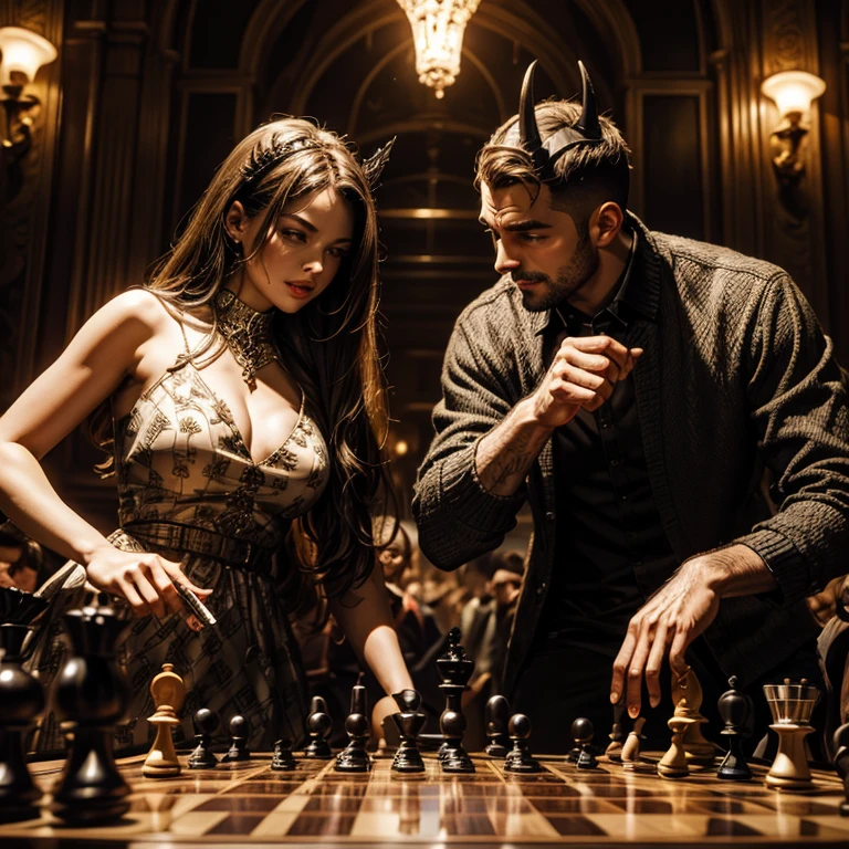 The devil plays chess, figures of living people on the board