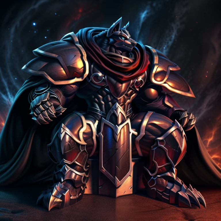 (masterpiece, best quality, detailed:1.2) (Pokémon) LUCARIO, detailed full body, a knight's mechanical armor, glowing wide and heavy armor, wears full body armor. massive muscles, huge pecs, chiseled abs, huge pectorals, exaggeratedly huge muscles. wearing a cloak. unusually developed muscular body big muscle, pecs, triceps, traps, waist narrow, unusually developed muscular body, Dark knight, BlackKnight_fe, The claws are sharp, Sharp teeth, He wears a black cloak on his back. sitting on the throne,