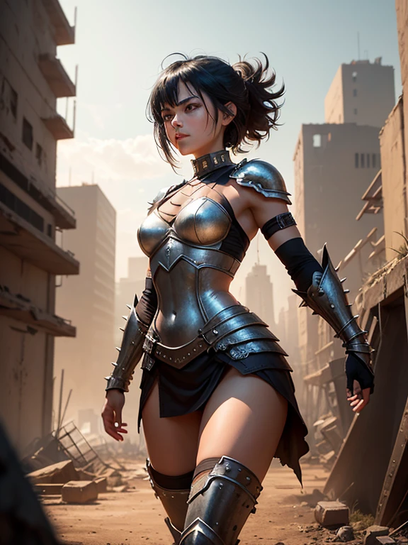 Imagine an urban scene in Brooklyn, in a post-apocalyptic setting, where a female gladiator, approximately 30 years old, is the central figure. She is standing in a barren, desolate terrain, surrounded by the wreckage and ruins of the city.
The female gladiator is a true masterpiece in herself. Her athletic body is muscular and well-defined, reflecting her strength and agility. She is dressed in minimalist armor, composed of metal plates adorned with spikes and rivets, which reflect the broken sunlight.
Her hair is black and cut into a bob haircut, but tied back in a ponytail. Her strands of hair move gently in the wind, adding dynamism to the scene.
The woman is in a ready pose, her expression determined and her eyes focused on the horizon. Beside her, there is a young girl, also dressed in similar armor, looking at her with admiration and respect.
In the background, dilapidated buildings rise against a dark orange sky, creating a dark and oppressive atmosphere. Broken sunlight penetrates through cracks in buildings, creating patterns of shadow and light on the dusty ground.
Key elements:
Gladiator woman, 30 years old, athletic body.
Minimalist armor with spikes and rivets.
Black hair in a bob haircut, with a ponytail.
Young girl next to the gladiator.
Post-apocalyptic urban scene in Brooklyn with wreckage and ruins.
Dark orange sky with broken sunlight.
Comments:
Make sure the digital painting captures the essence of the gladiator woman's strength and determination, as well as the young girl's admiration.
Armor and wreckage details must be carefully rendered to convey realism and texture.
Use light and shadows effectively to create a dramatic and impactful atmosphere.
