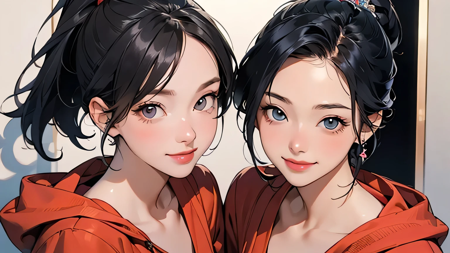 8k, Best Quality, Ultra HD, 1 Female, 1980s Pop Culture Anime Style, 21 Years Old, (Masterpiece, High Definition, Details), Chips \(Food\), , Red Hoodie (Real as Picture: 1.4) , (Famous Japanese actress:1.2), very beautiful, cute, professional photo, very delicate and beautiful, very detailed, very detailed beautiful girl, very detailed face, very detailed eyes, very detailed skin, very detailed fingers, very detailed nose, very detailed mouth, perfect anatomy, realistic body, fair complexion, shiny skin, slender body, good figure, looking at viewer, smile, cute smiling face (black hair) , (Ponytail, shortcut,), (Surrealistic), (Drawing), (High resolution), (8k), (Very detailed), (Best drawing), (Beautiful and big eyes), (Best quality) , (Super detailed), (((Top quality))), (((Two girls))),((Smile)) Peace sign, Background: Green screen