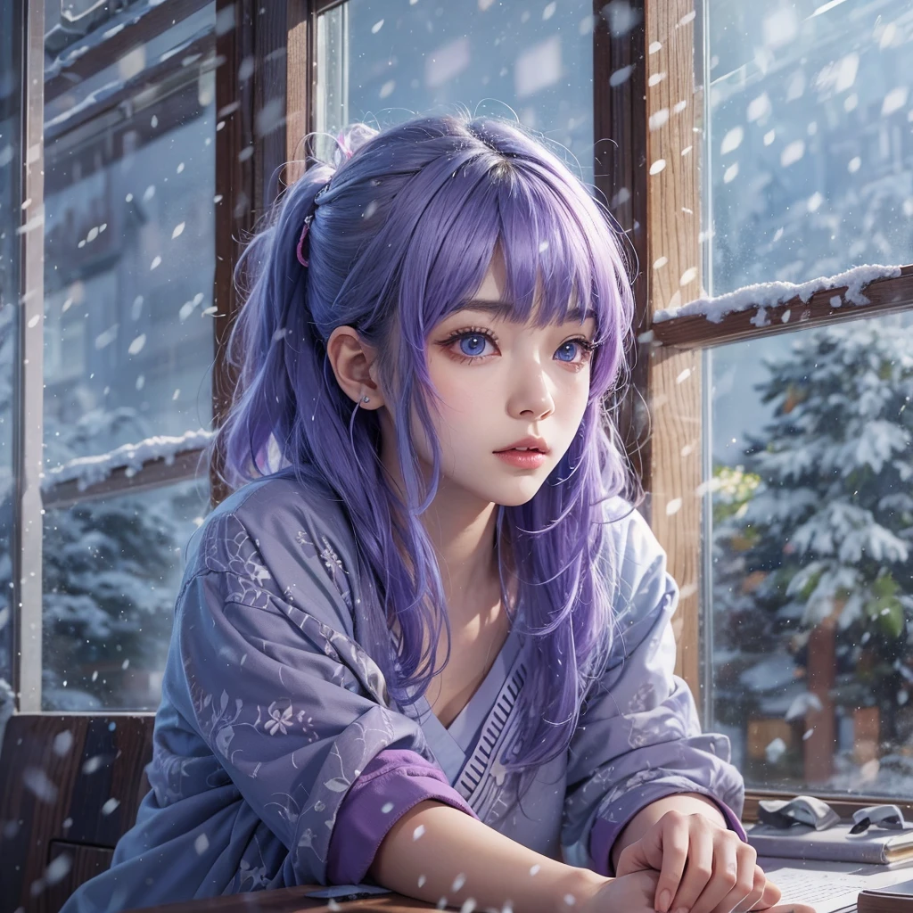 japanese girl with purple hair and light blue eyes wearing japanese , sitting down leaning towards desk, looking outside the window, snow falling outside, best quality, perfect body, realistic, beautiful face