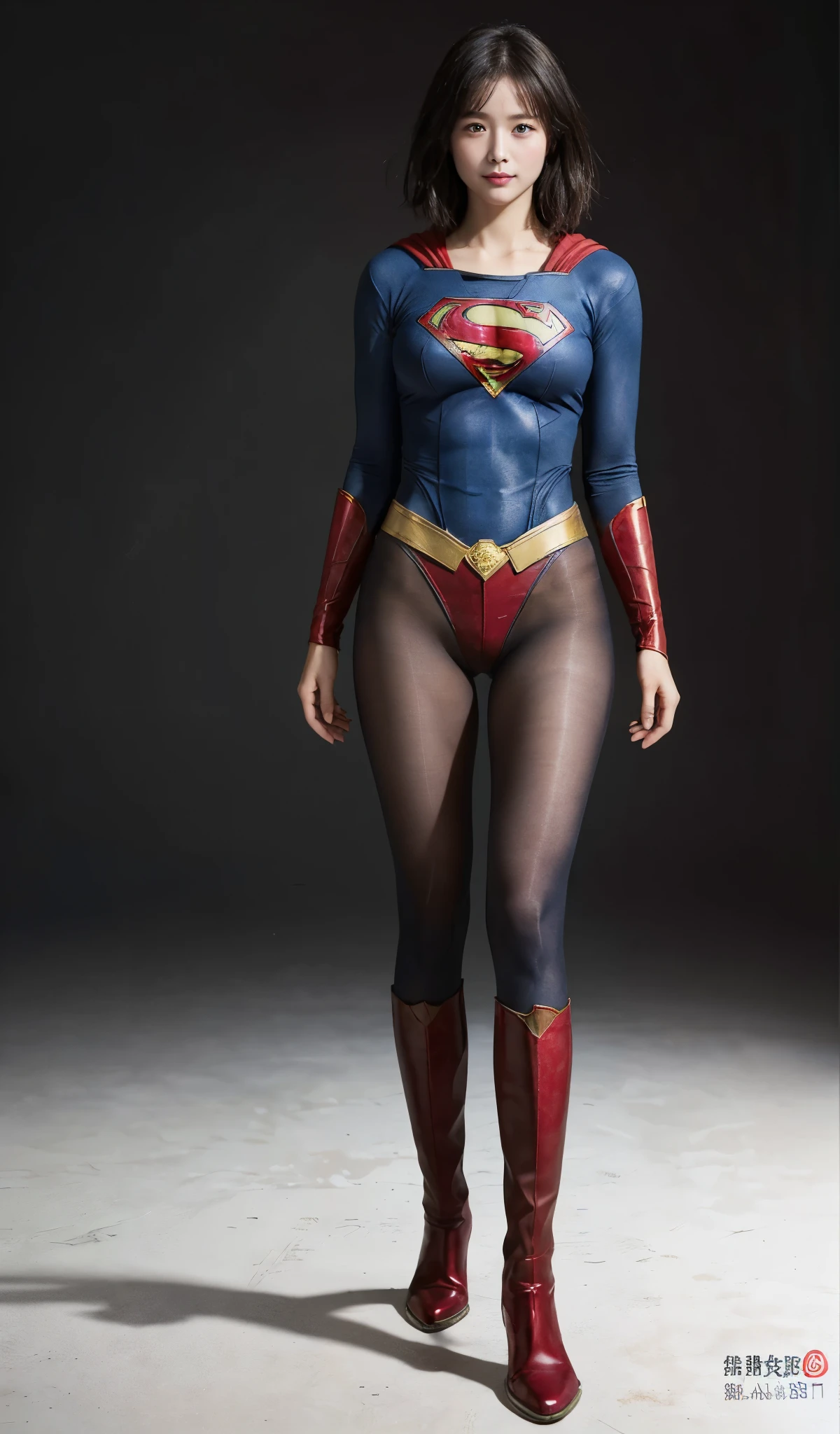 No background、(((Beautiful legs in black tights.)))、(((Legally express the beauty of your smile)))、((((Make the most of your original images)))、(((Supergirl Costume)))、(((Beautiful short bob hair)))、(((suffering)))、(((Please wear black tights....、Wear red boots)))、((Best image quality、8k))、((highest quality、8k、masterpiece:1.3))、(((Preserve background )))、Sharp focus:1.2、Beautiful woman with perfect figure:1.4、Slim Abs:1.2、Wet body:1.5、Highly detailed face and skin texture、8k