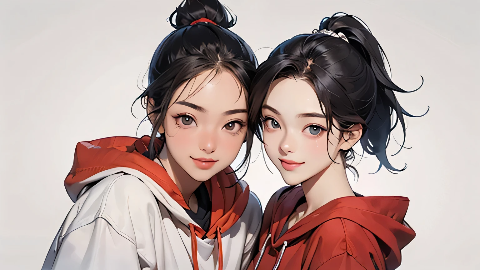 8k, highest quality, ultra high resolution, one woman, 1980s pop culture anime style, 21 years old, (masterpiece, high resolution, details), chips \(food\), , red hoodie and white hoodie, short cut, ponytail, ( Photorealistic:1.4), (Famous Japanese actress:1.2), very beautiful, cute, professional photo, very delicate and beautiful, very detailed, very detailed beautiful girl, very detailed face, very detailed eyes, very detailed skin, very detailed fingers, very detailed nose, very detailed mouth, perfect anatomy, realistic body, fair skin, shiny skin, slender body, good figure, looking at the viewer ,Smile, Cute laughing face (black hair, (ponytail, short cut), Big eyes), (Top quality), (Super detailed), (((Top quality))), (((Two girls))),((Smile)) Peace sign, Background: Green screen