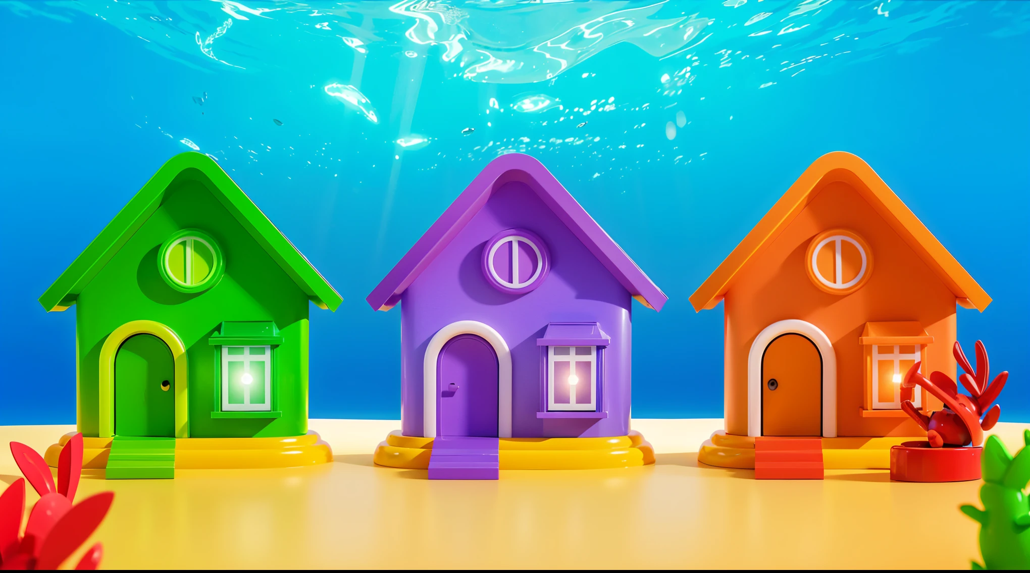The image depicts three colorful houses in a desert setting. 3d underwater world algae sand. The image depicts a 3D rendered illustration of a boy and a girl with their hands shaped in the shape of a heart. They are both smiling and have red hair. The background is blue. cartoon characters stand next to each other, Electricsbunny, Holographic creatures, Beeple and Jeremiah Ketner, 🐋 as 🐘 as 🤖 as 👽 as 🐳, matte, Rabbids, cute 3D rendering, 3D icon for mobile game, robot rabbit, Shiny metallic, 3D персонажи violet cat toy, toy cat laying on glossy , glossy texture, smooth 3d model, multiple light sources, rim light, sharp post effects render, (glossy big light probe refractions), perfect cgi, cgi art created only with gradients, smooth silhouette, high intensity refraction, ( ), most beautiful vfx, blue background